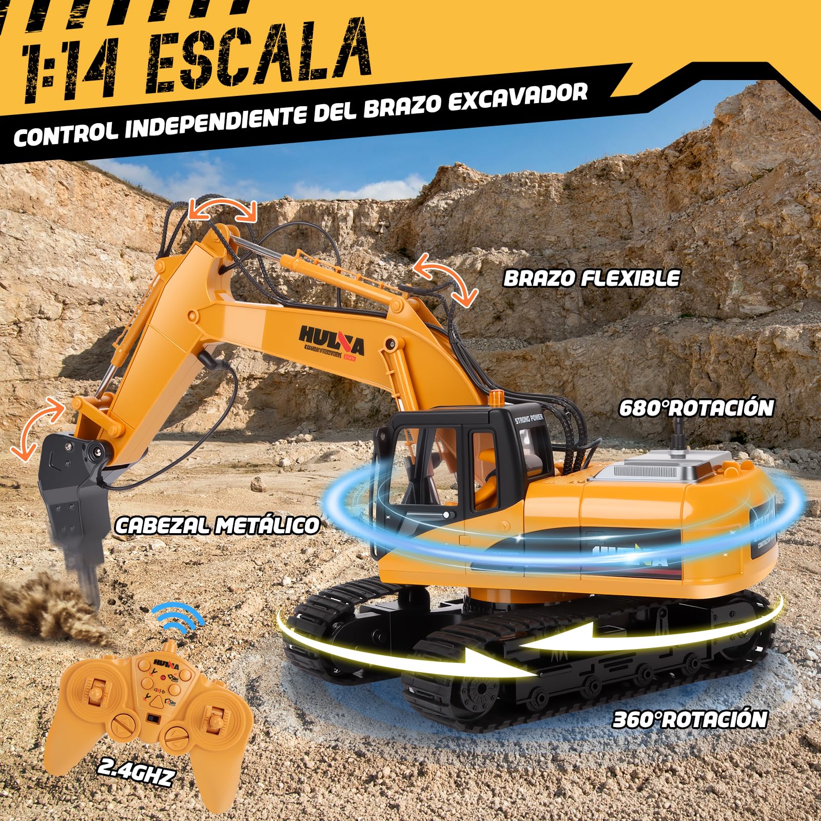 FORMIZON 2.4GHz 15CH Excavadora Teledirigido Cuchara, Martillo Hidráulico, Pinza para Madera 3-in-1 Accesorios Metálicos RC Excavadora Juguetes Regalos Niños 8-12 Años