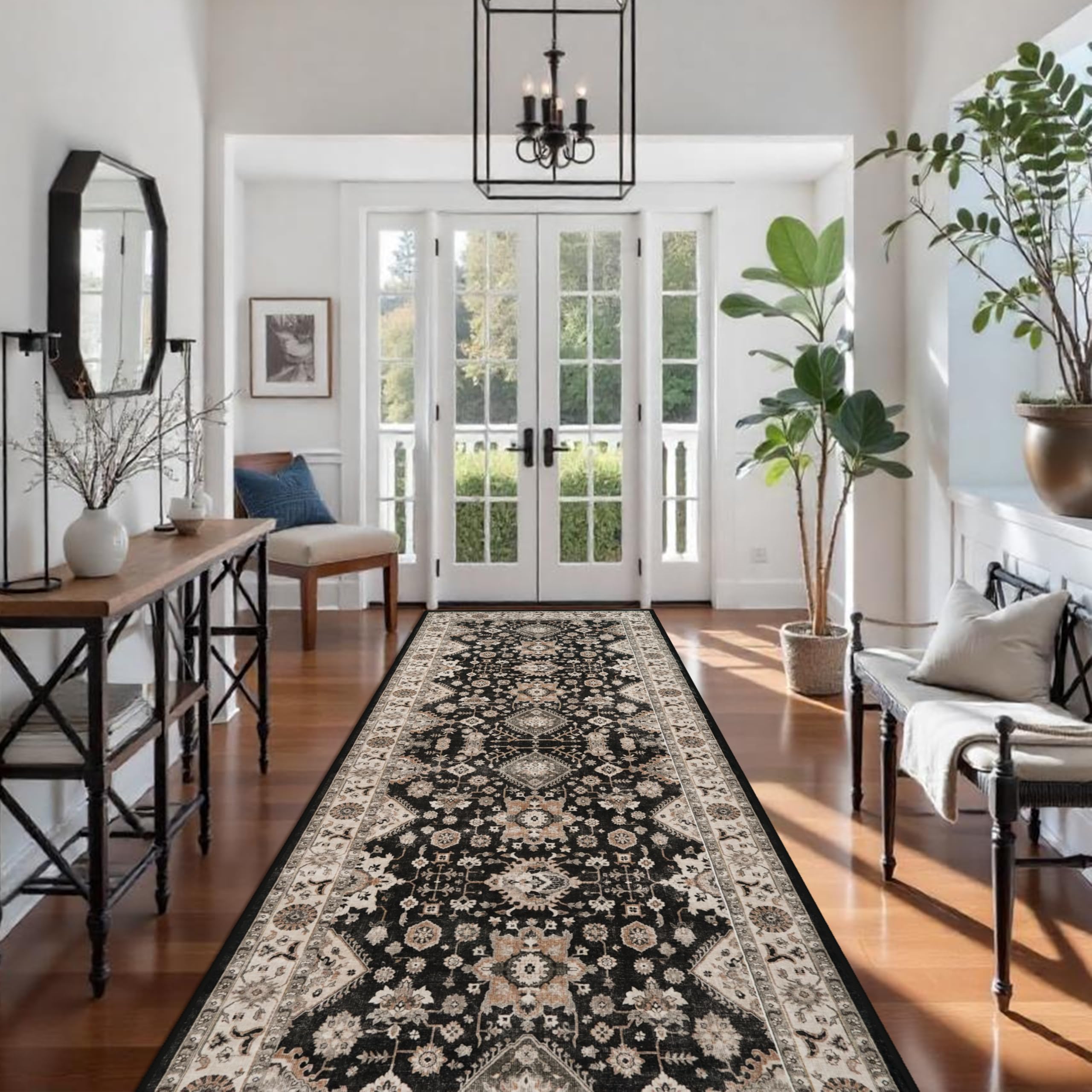 Washable Hallway Runner Rug 4x12: Non Slip Runner Rugs with Rubber Backing Soft Kitchen Rug Farmhouse Distressed Carpet Runner for Living Room Bedroom Bathroom (Black, 4X12)