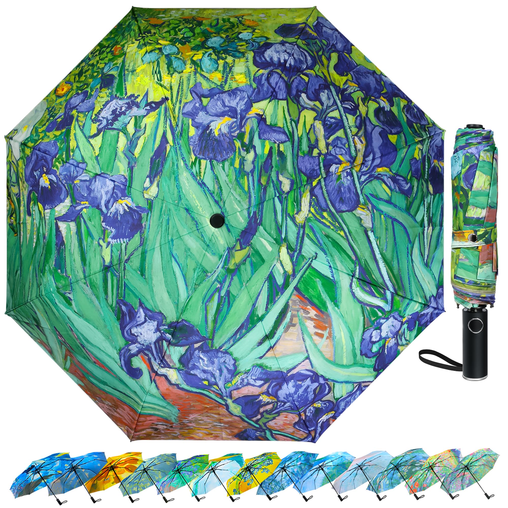 Van Gogh umbrella, Pretty Umbrellas for Women and men, Ladies Umbrellas for Rain, Automatic Folding Umbrellas Open Close (Irises)