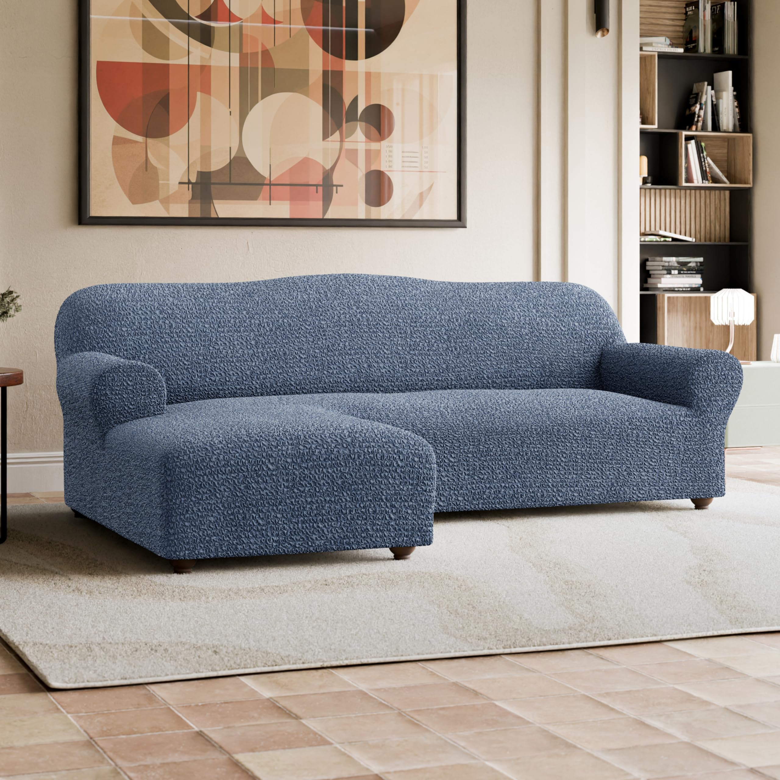 PAULATO BY GA.I.CO. Sectional Couch Cover - Chaise L-Shape Sofa Slipcover - Washable Corner Couch Covers - 1-Piece Form Fit Stretch Cover - Mille Righe - Blue (Left-Facing Chaise)