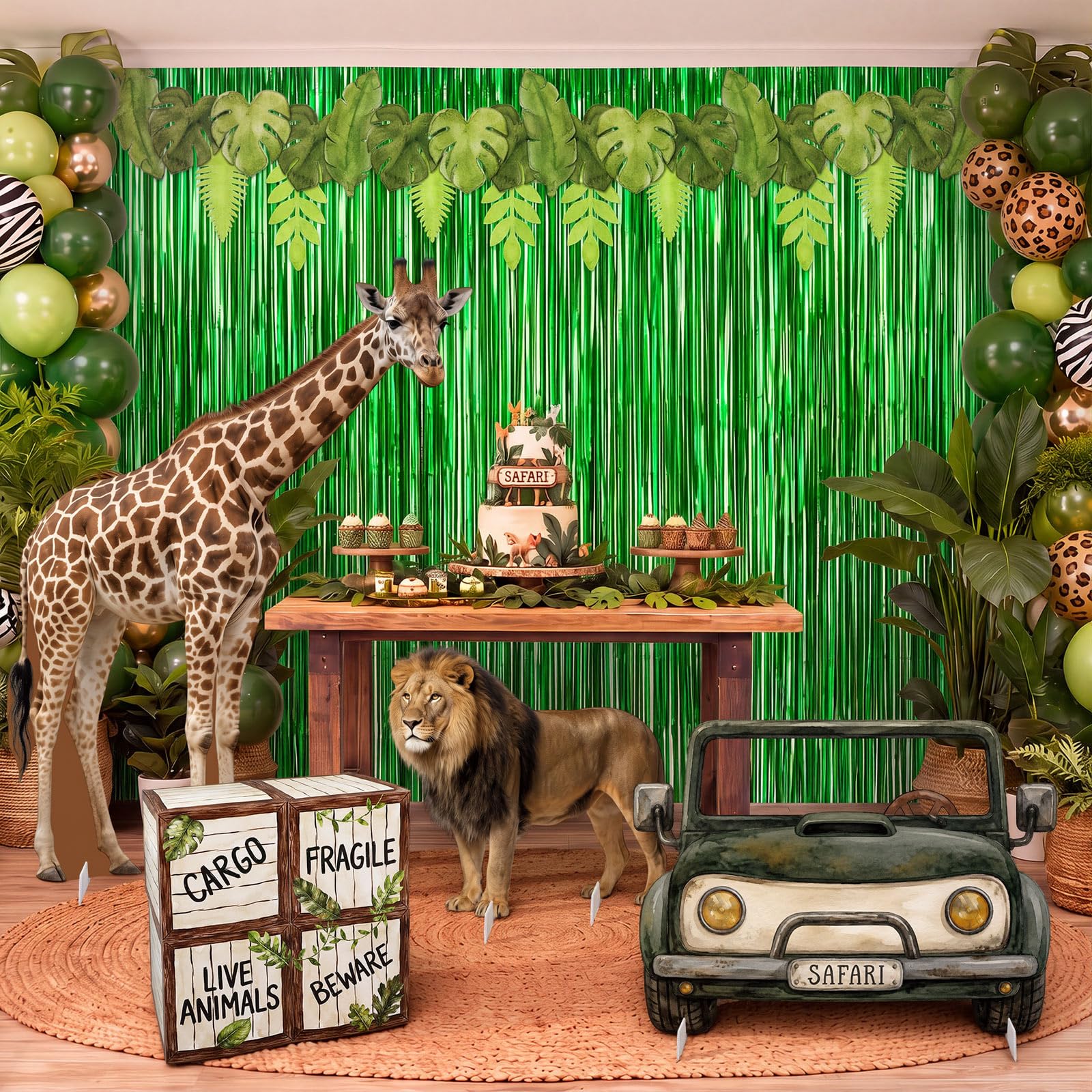 Jenaai 25 decorazioni per feste safari nella giungla grande kit con tenda verde con frange verdi, striscione con foglie di palma, sagoma per auto safari con giraffa leone e scatole per forniture per