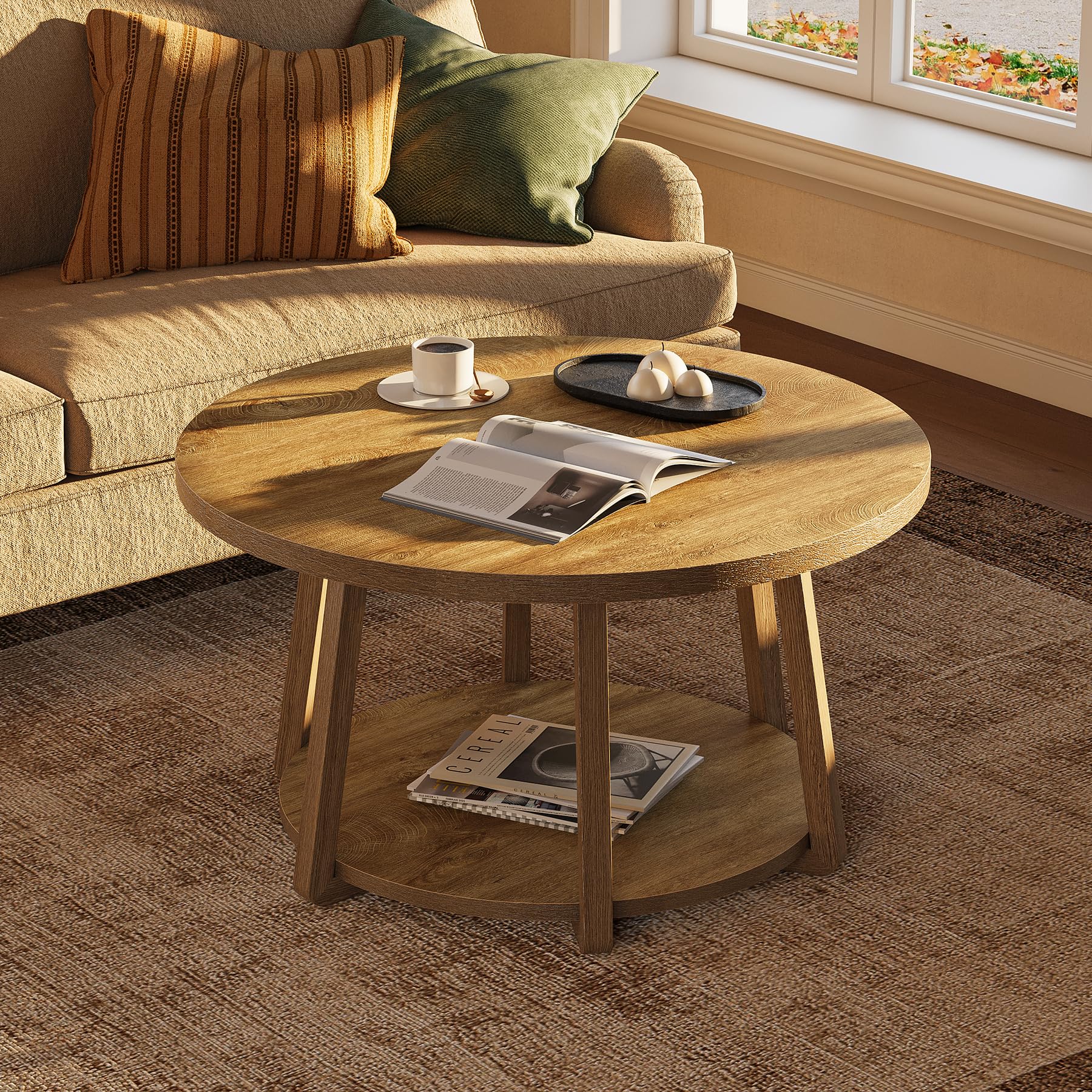 Tribesigns 80 cm Mesa de Centro Redonda con Espacio de Almacenamiento, Mesa de salón de Dos Niveles con Patas de Madera, fácil de Montar, para salón, Espacios pequeños, hogar - Roble