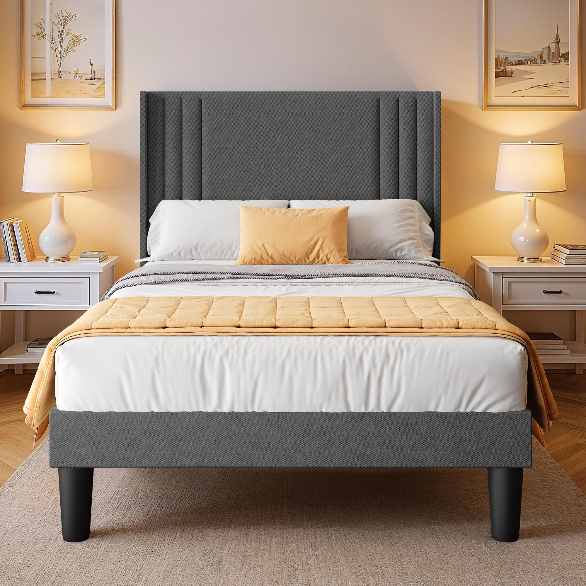 Cama Tapizada 120 x 200 cm, con Cabecero Acolchado y Somier de Lamas de Madera，Espacio bajo la Cama,Montaje Fácil,Cama para Dormitorio de Adultos o Invitados,Gris Oscuro
