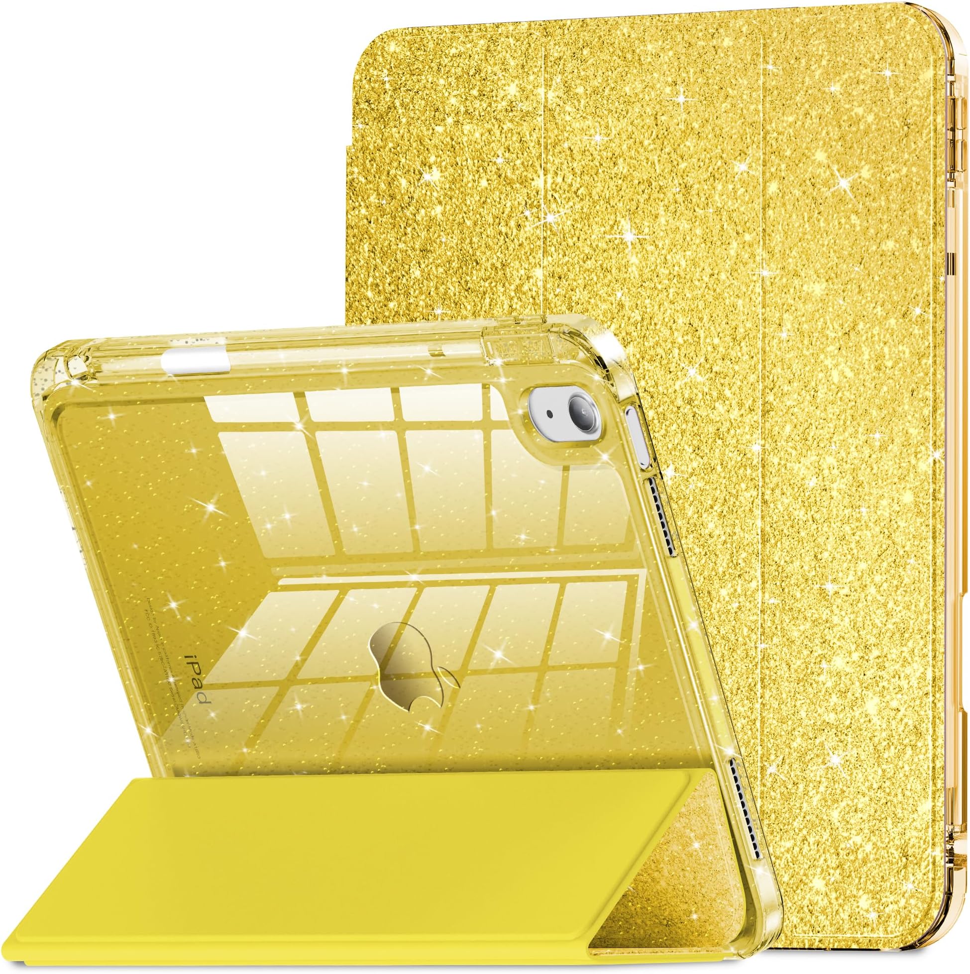 INFILAND Compatible with iPad A16 11th Generation 11 Inch 2025 Case, iPad Case 10th Generation 10.9 Inch, Glitter Cover with Sparkly Clear Back, Pencil Holder, for Kids Girls (Golden Yellow)
