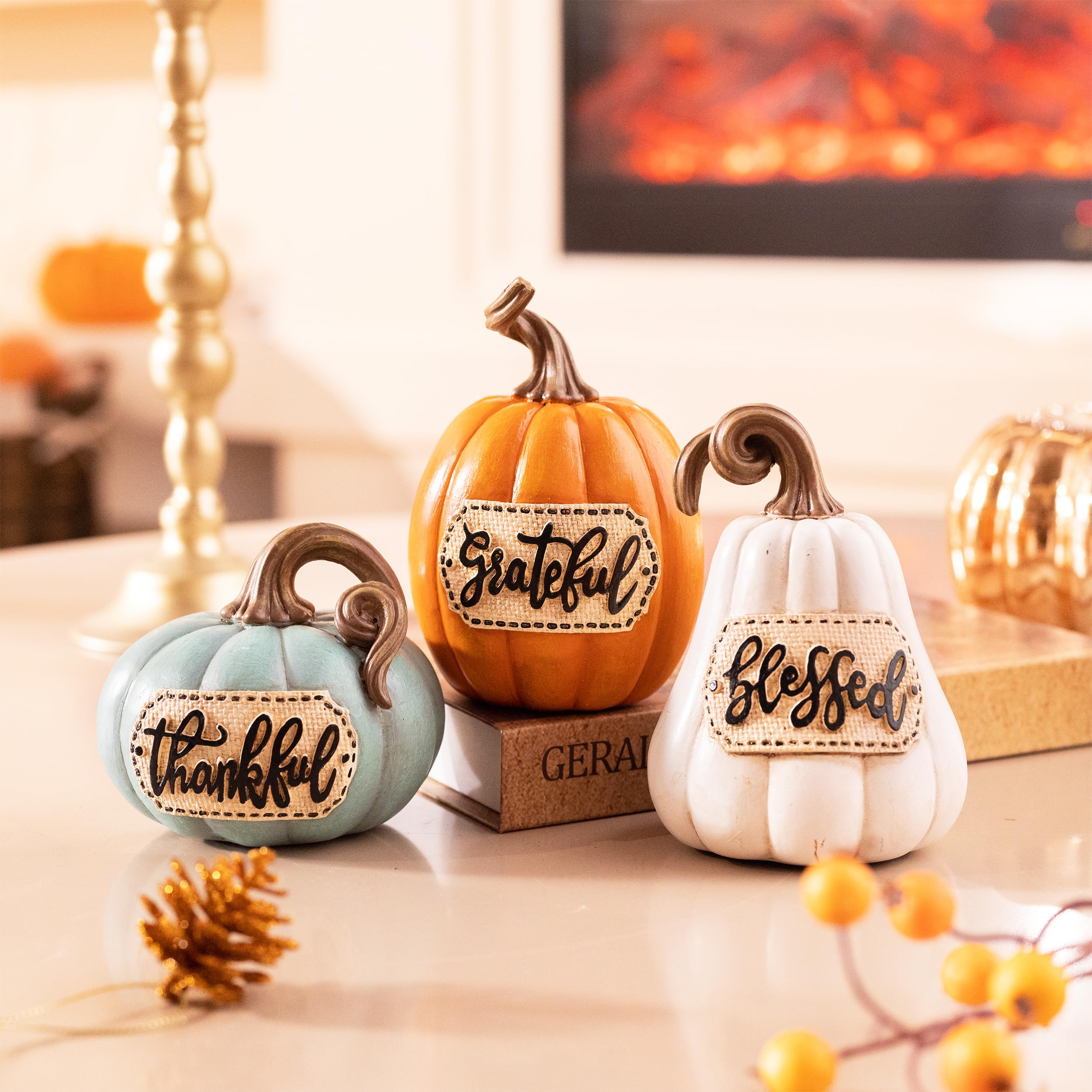 Valery Madelyn Set di 3 zucche decorative per la casa, decorazione da tavolo in resina, per interni, centrotavola, raccolto autunnale, Ringraziamento, sala da pranzo, mensola, 16 cm