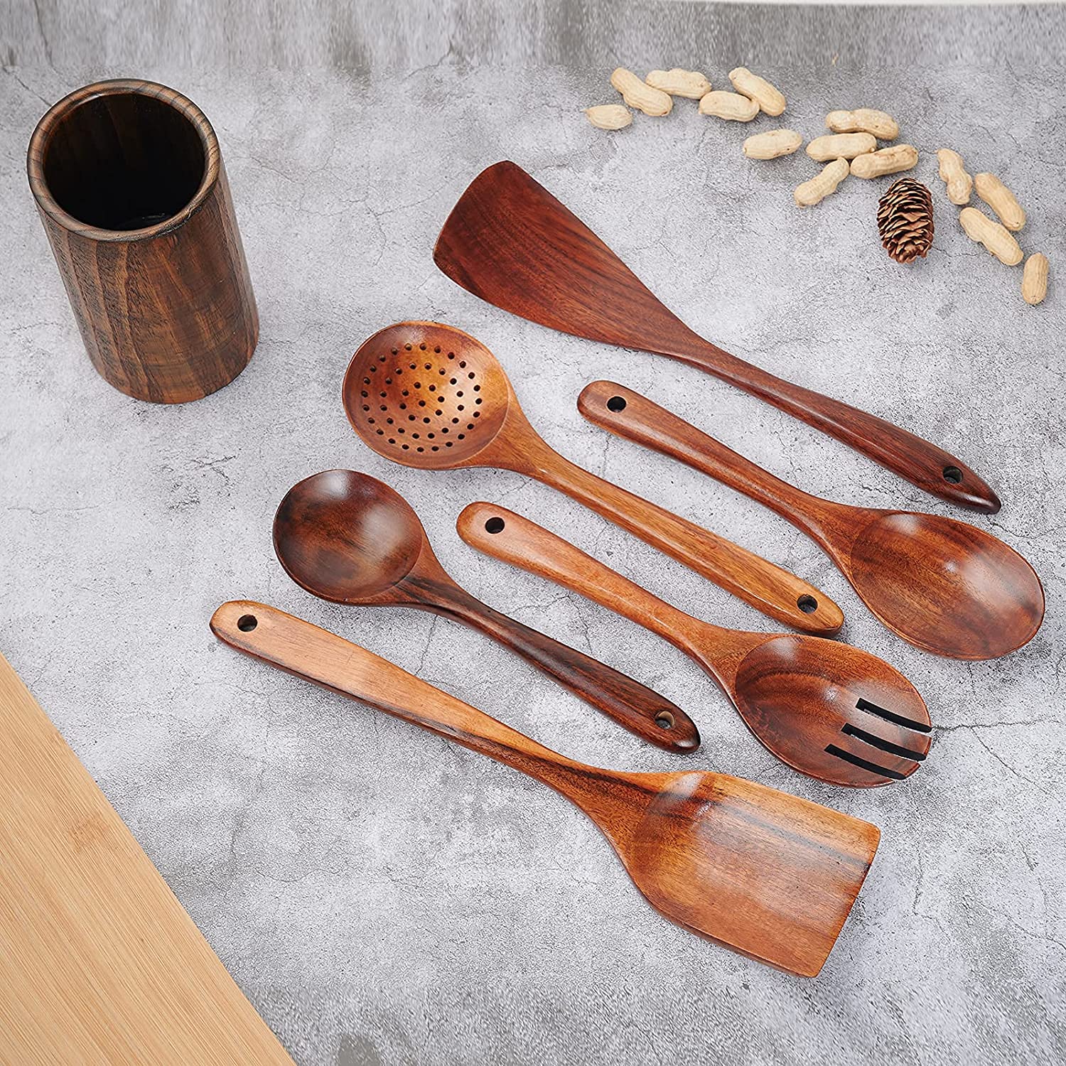 Holzutensilien-Set, 7 Stück, natürliche Teakholz-Löffel zum Kochen, Holzspatel und Löffel mit Halter