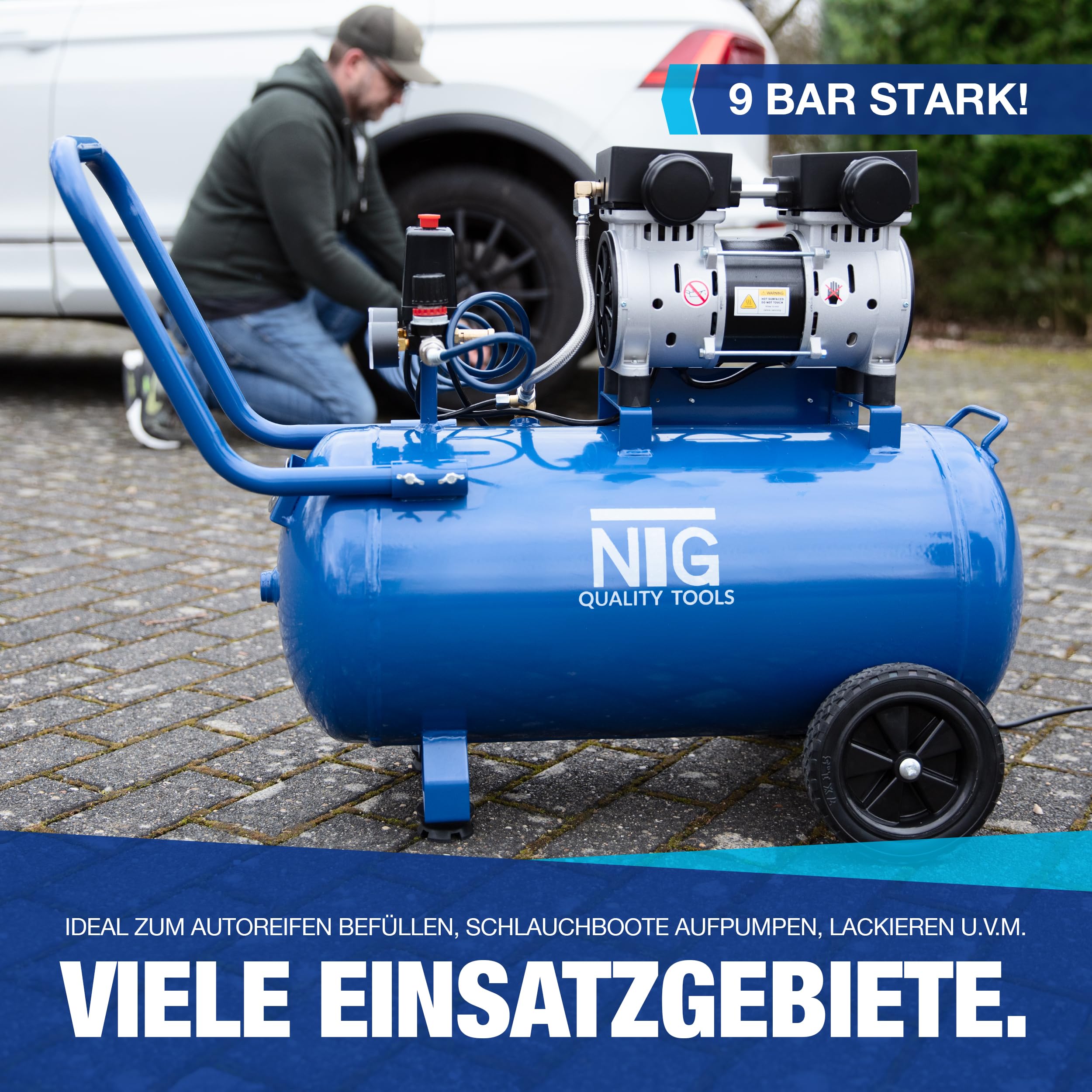 NTG Silent Compresseur 9 bars | Réservoir de 50 litres | Puissance puissante 1470 W | Sans huile | Particulièrement silencieux et flexible à utiliser avec manomètre et régulateur de pression Réservoir
