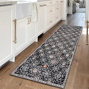 KILOCOCO 2x6 Runner Rug, Moroccan Super Soft Washable Hallway Runner Rug, Accent Print Faux Wool Kitchen Runner Rug 6 Feet Non-Slip Boho Rug Runners for Laundry Room Bedroom, Charcoal/Multi