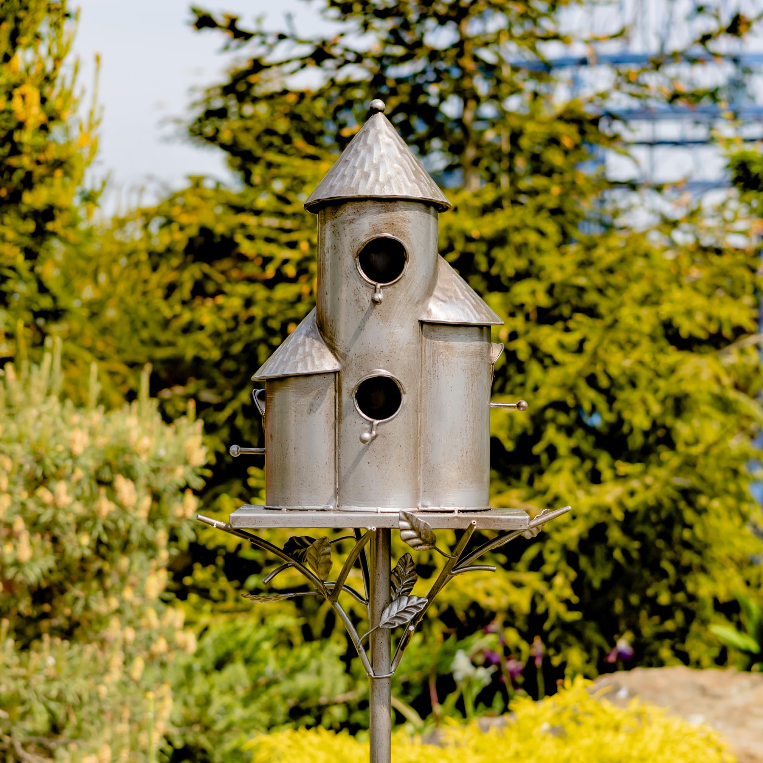 Zaer Silver Tall Triple Cylinder Multi-Birdhouse Stake