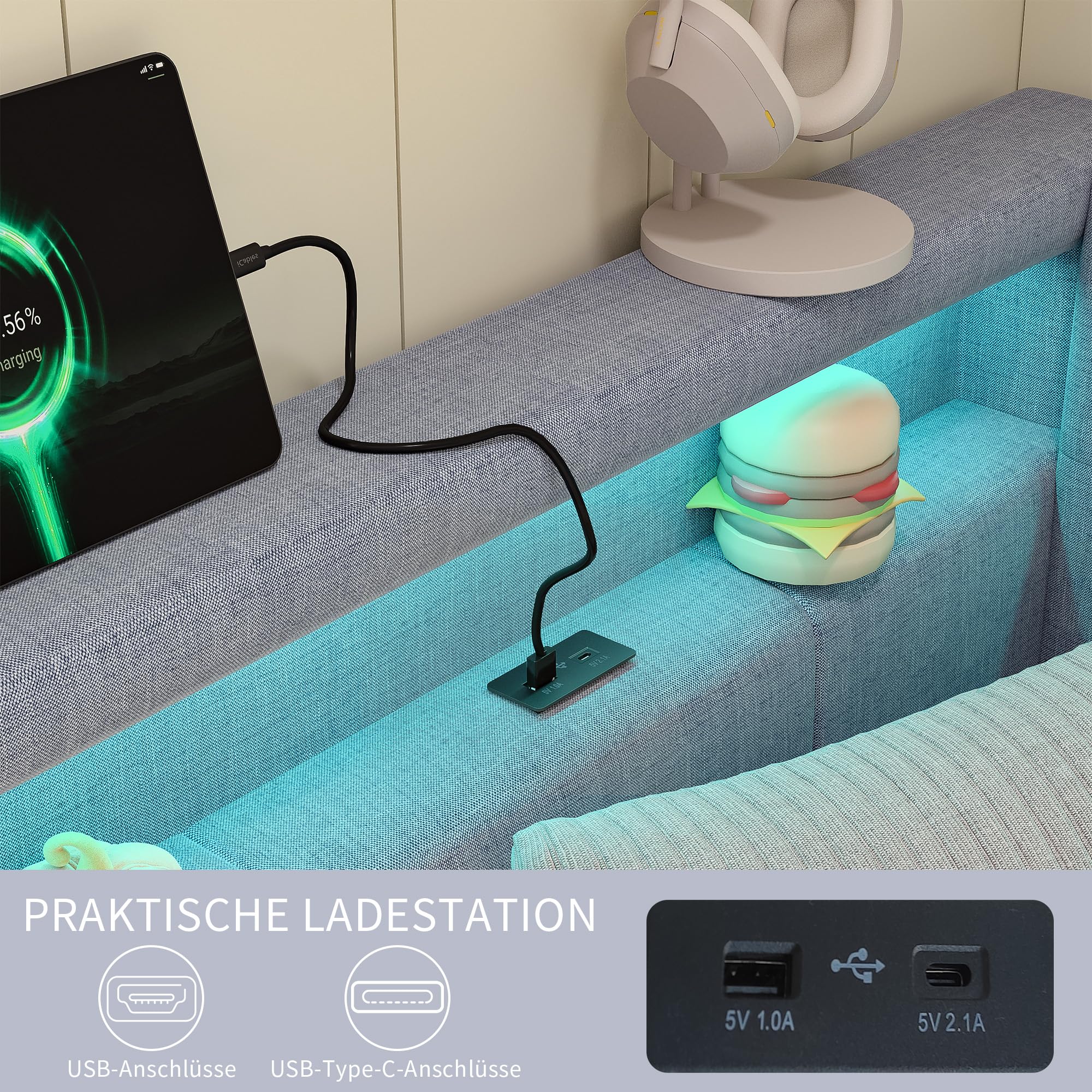 Letto angolare imbottito 90x200 cm con illuminazione a LED e USB-C, divano letto a L con 2 cassetti e ripiano contenitore, letto funzionale con base a doghe