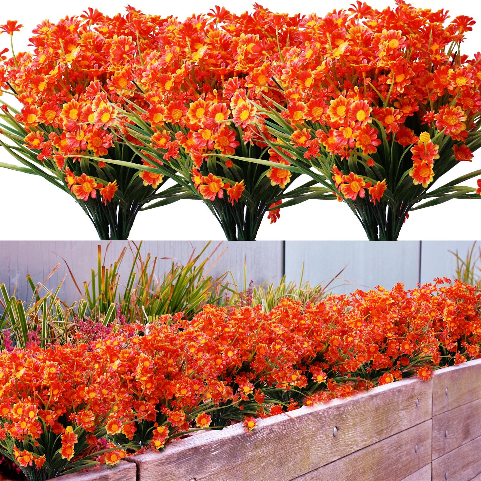 YXYQR 12PCS Outdoors Artificial Daisies Flowers UV Resistant Bulk Plastic Outside Fake Flowers Greenery Faux Plants for Hanging Basket Planter, Window Box, Backyard, Vase, Farmhouse Decor (Orange)