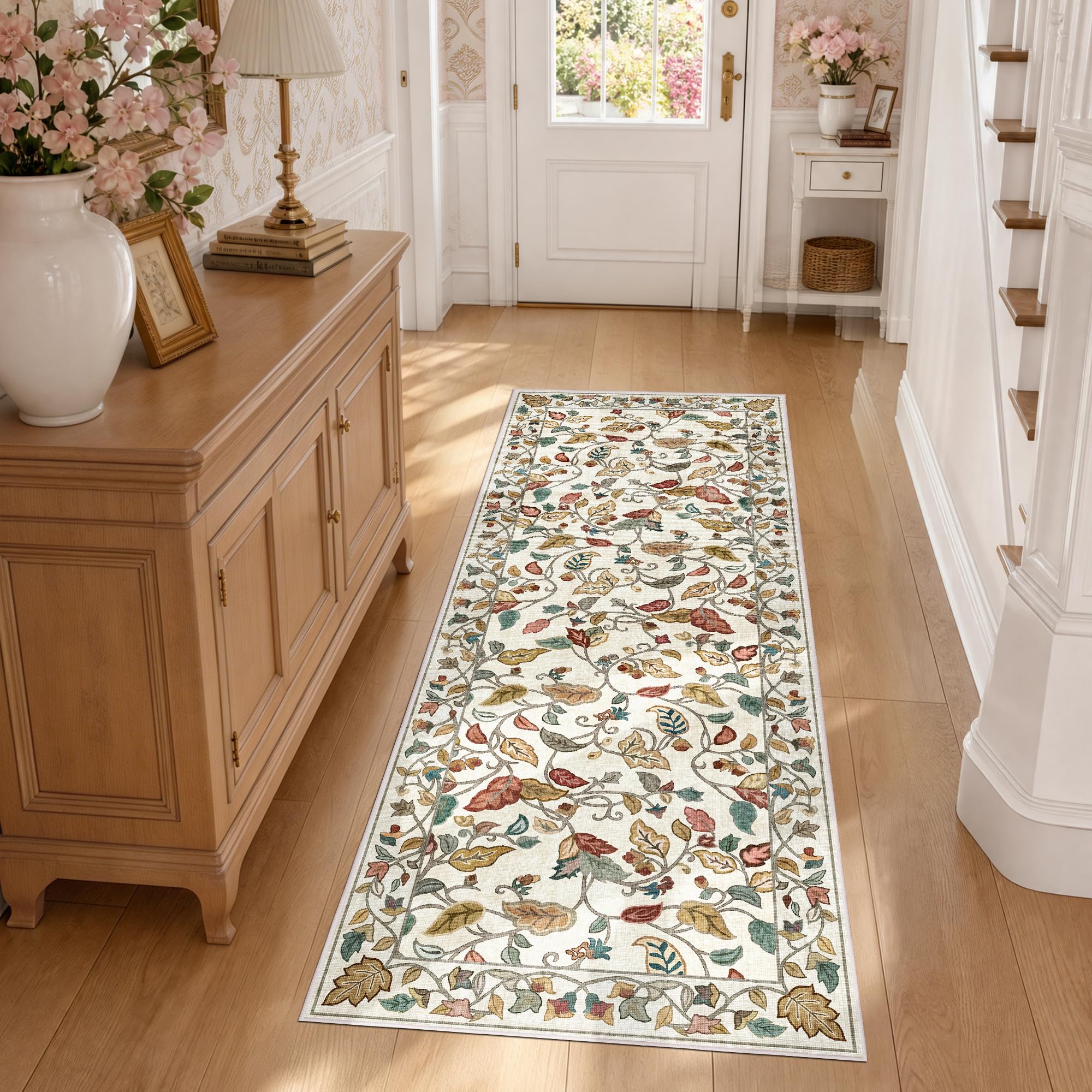 Photo 1 of AIMPEAK 2x6 Runner Rug - Beige Floral Leaf