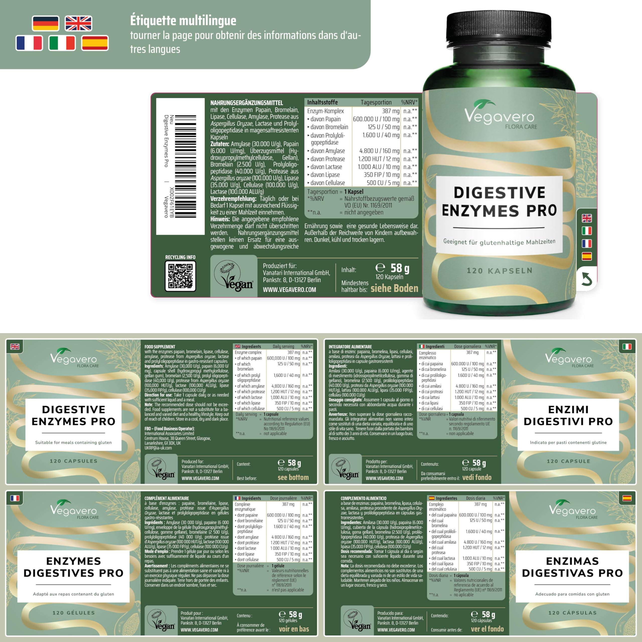 Enzymes Digestives Complexe PRO | Unique : Avec Enzyme Pour le Gluten | Lactase, Bromeline, Lipase, Amylase… | 120 Gélules Gastro-résistantes | Testé en Laboratoire & Sans Additifs | Vegavero®
