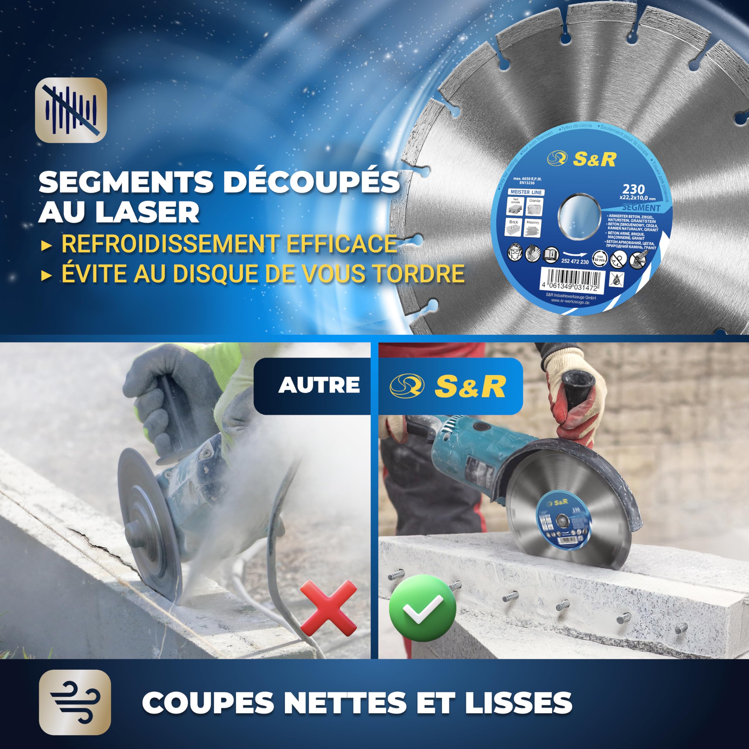 S&R Disque Diamant 230mm à tronçonner BÉTON ARMÉE/Granit/Pierre/Brique. Disque 230 Premium à segments diamants de 10mm. Qualité Industrielle