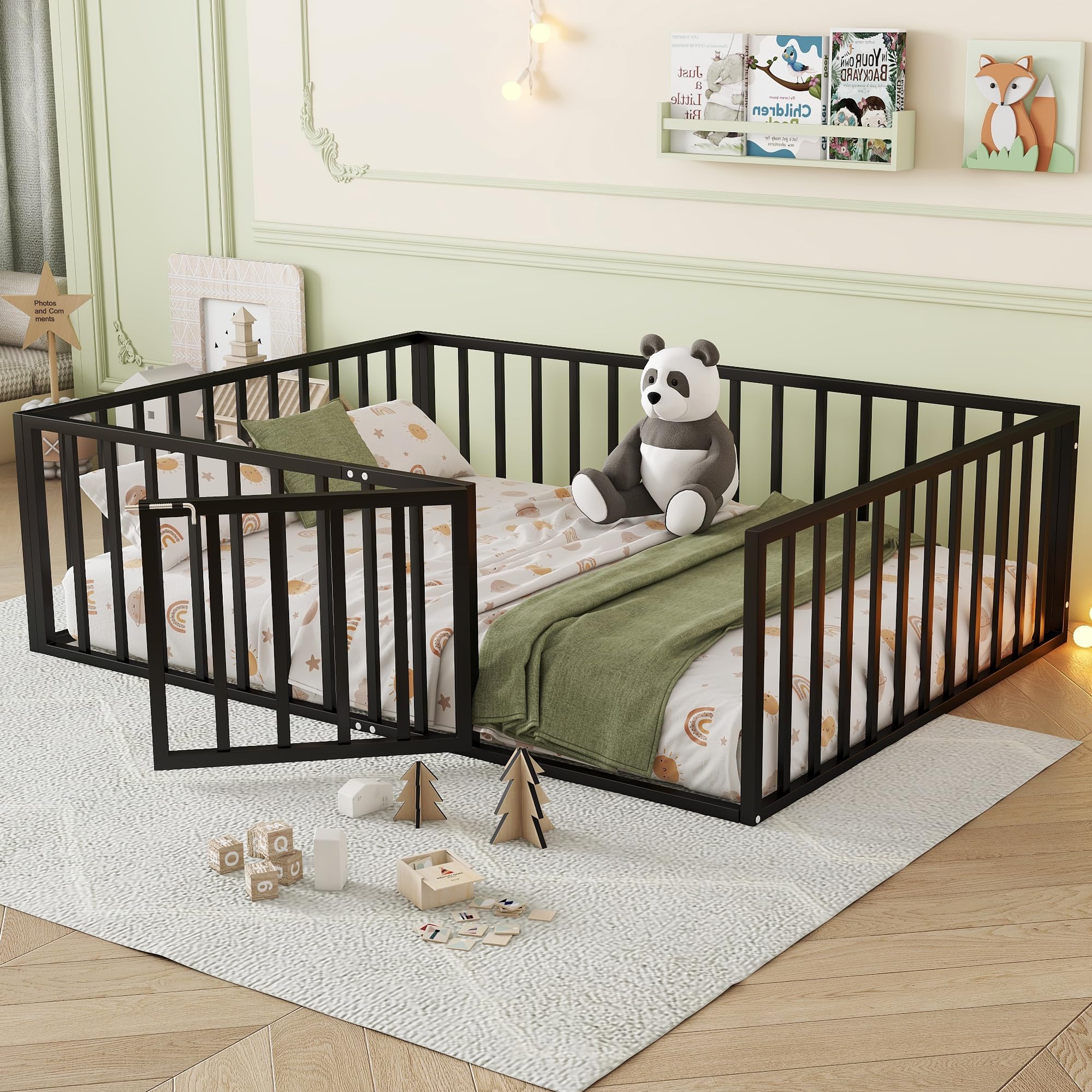 Bellemave Full Size Floor Bed with Fence and Door, Heavy Duty Montessori Floor Bed Frame Full Size, Easy Assemble Montessori Beds, Black