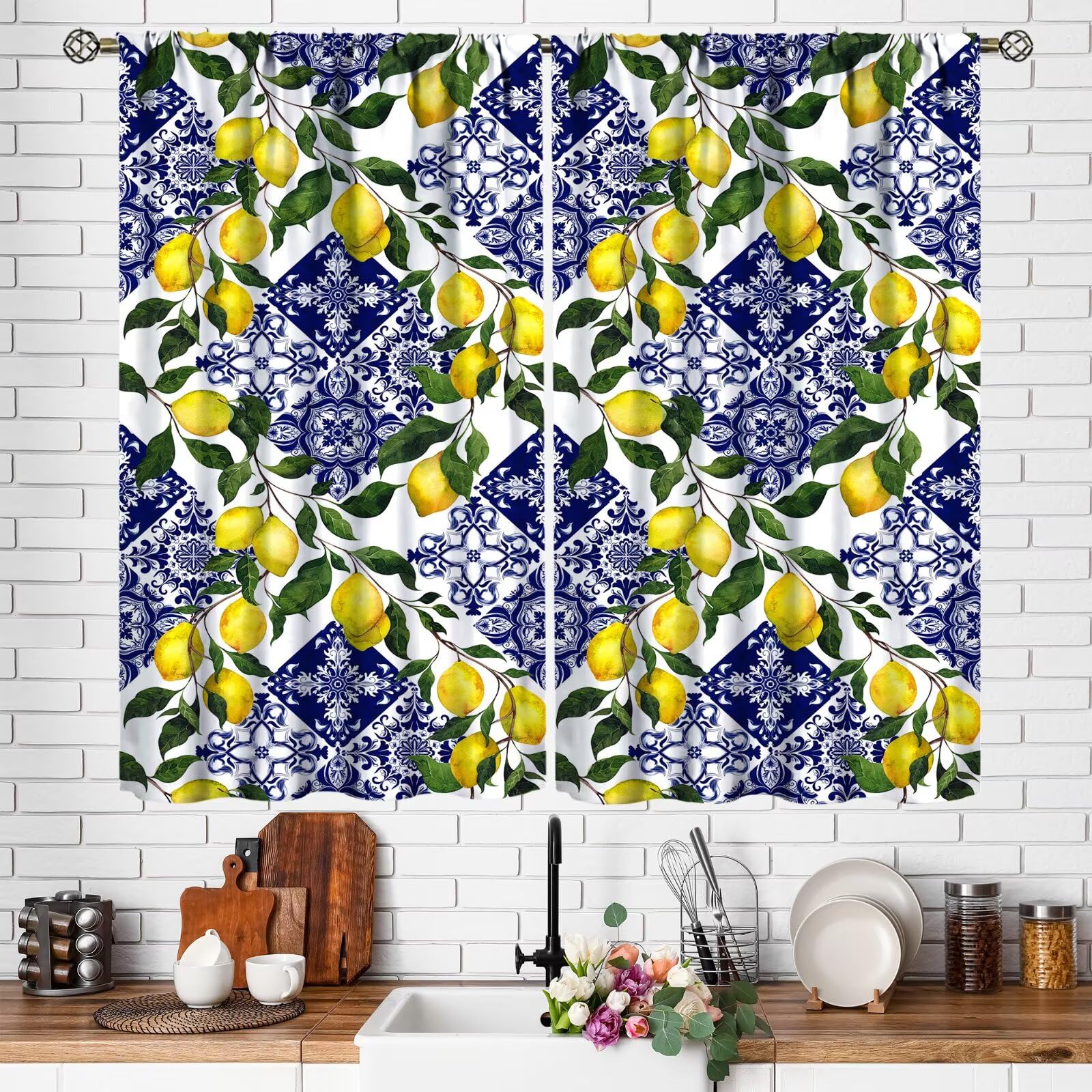 ZhiRain Blue Tiles Lemon Curtains Summer Fruit Chic Curtain with Rod Pocket for Kitchen Living Room Bedroom Home Decor Drapes Thermal Insulated Window