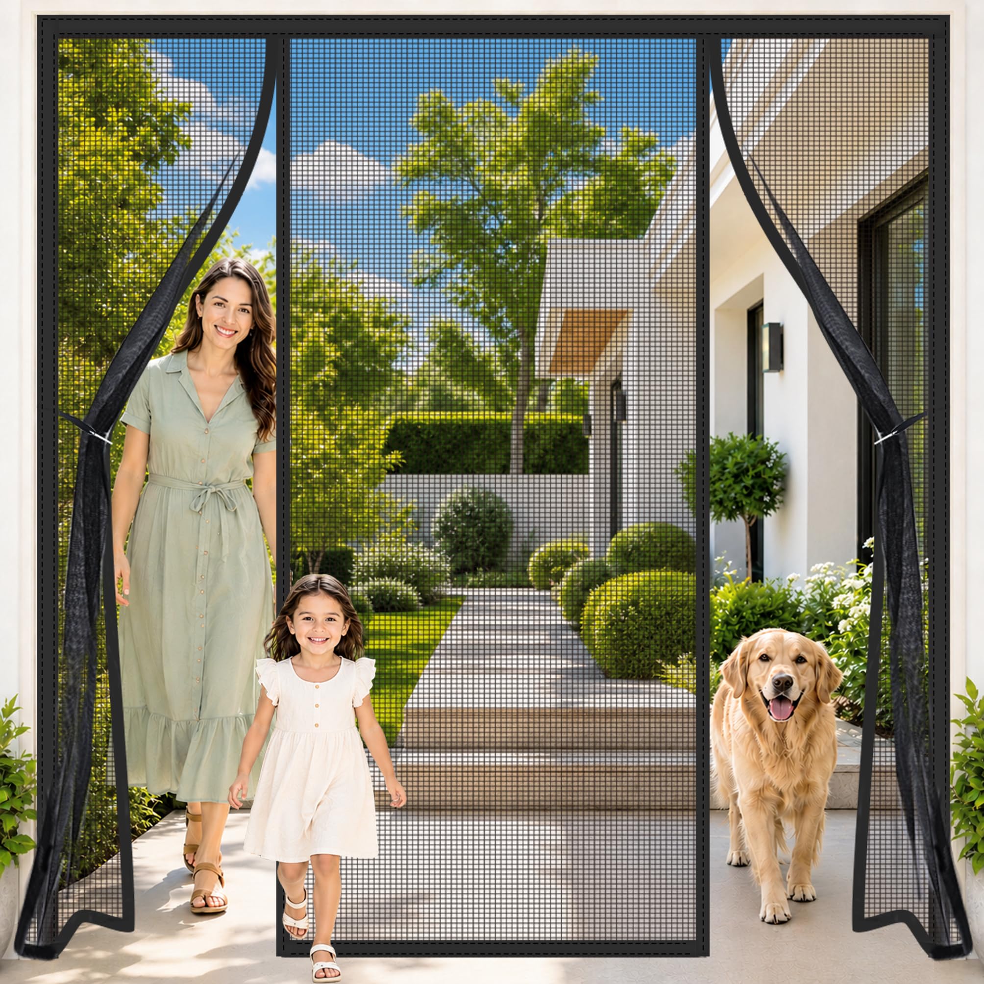 Magnetic Fly Insect Screen Door for Large Openings 180x210cm Heavy-Duty mesh that Stands up to Daily high-Traffic use Double Opening for Quick & Easy Entry Black