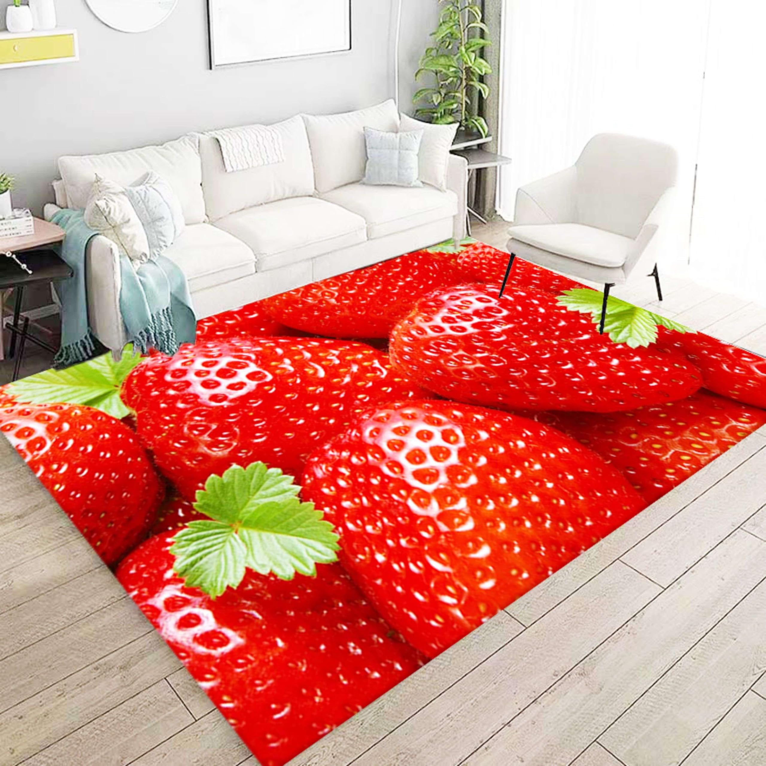 Puyosvr Red Strawberry Fruit Area Rug, 3x4ft, Strawberry Botanical Summer Theme Rug - Cute Food Carpet for Kitchen, Hallway, Office, Modern Home