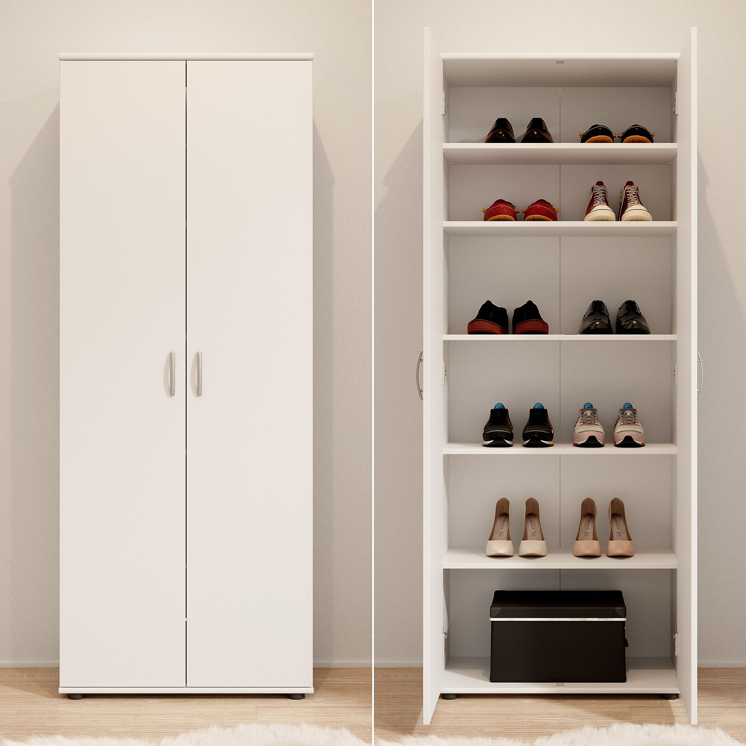 Stella Trading 3 Schuhschrank hoch, Weiß - Vielseitiger Mehrzweckschrank mit verstellbaren Einlegeböden - 70 x 176 x 35 cm (B/H/T)