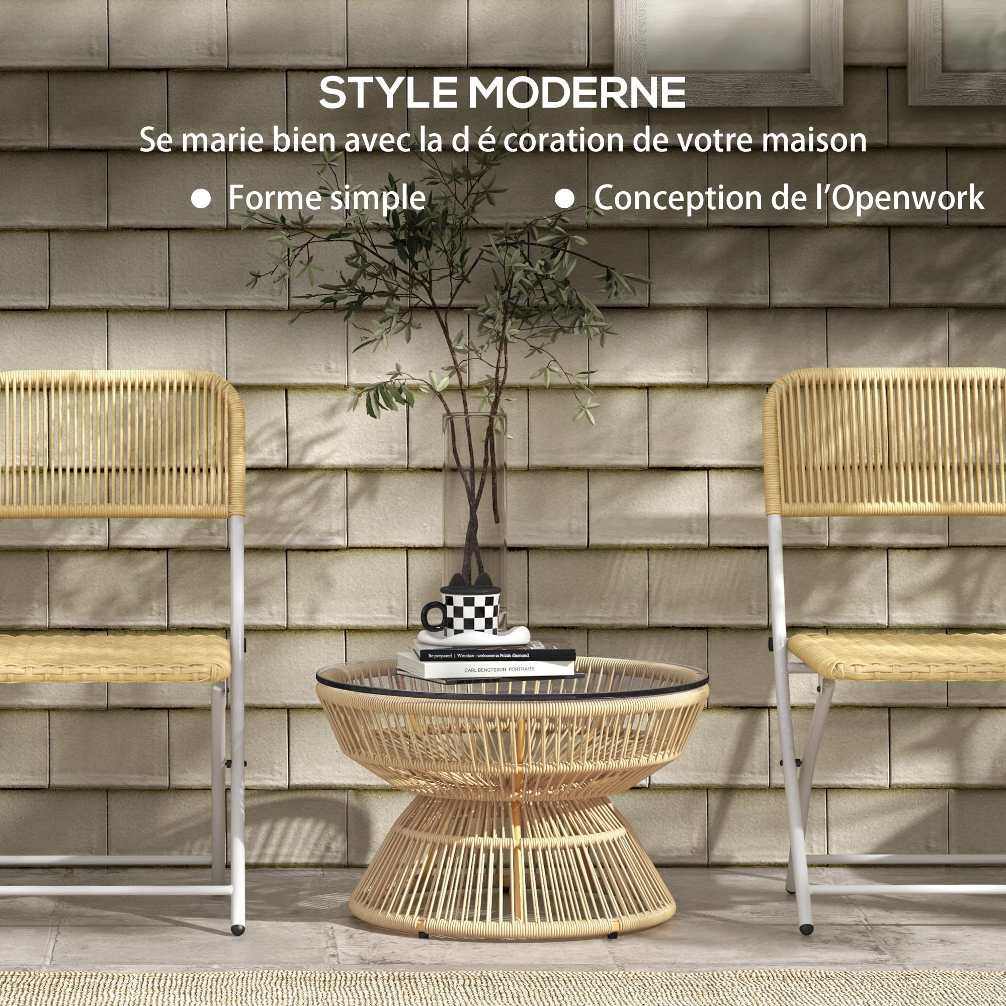 Outsunny Table Basse de Jardin Ronde, Table d'appoint en résine Aspect rotin et Plateau Verre trempé Ø60 x 37H cm Naturel