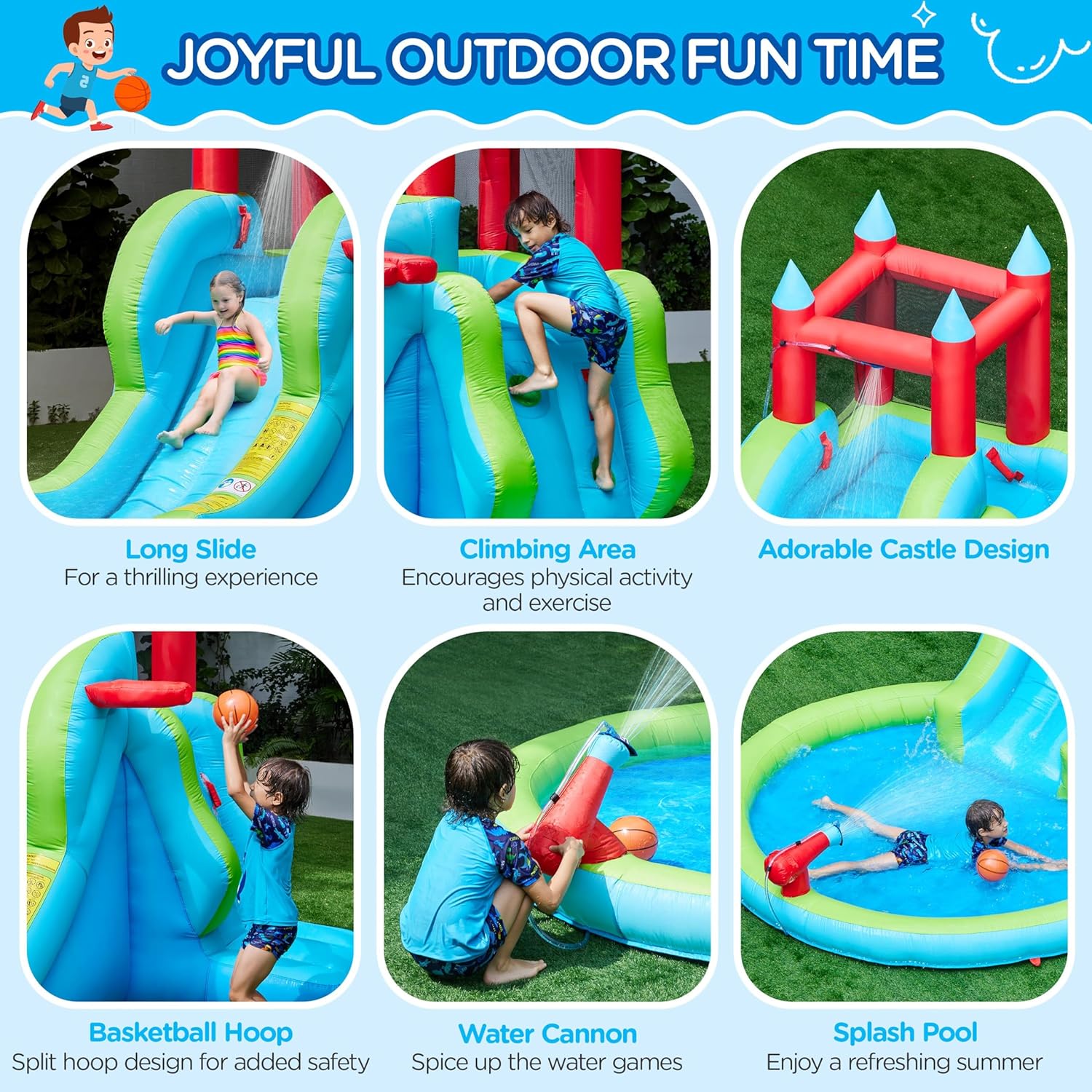 Yaheetech Inflatable Kids Water Slide, 5-in-1 Outdoor Blow Up Slide for Kids Aged 3-8 with Water Cannon, Basketball Hoop, Climbing Wall, Storage Bag & 350W Blower