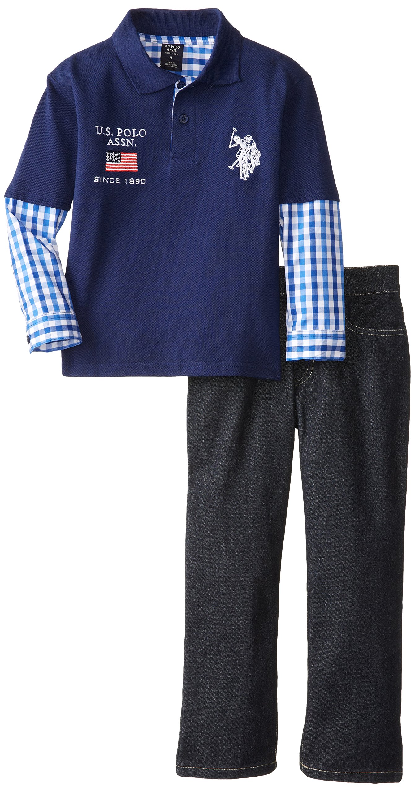 Little Boys' Pique Polo Shirt with Woven Hang Down and Denim Jeans Set