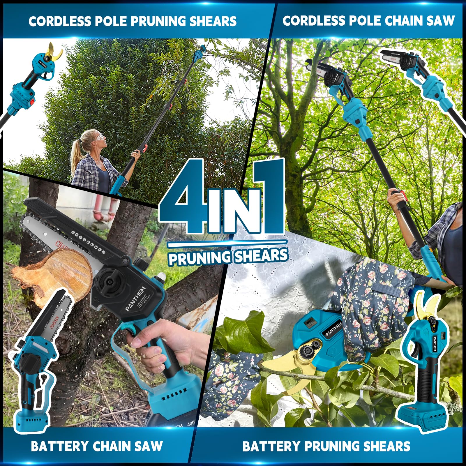 4 in 1 Akku Hochentaster 6 Zoll Mini Kettensäge & Astschere Teleskop Set | akku 4000mAh und ladegerät Gartenschere Baumschere Batterie säge Teleskop Astsäge Stangensäge Teleskopstange für Makita 18V