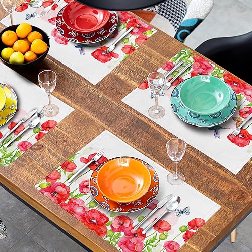 Miniatura 7 de Juego de 4 manteles individuales con estampado de amapola roja de acuarela, manteles individuales florales con flores botánicas para el hogar y la