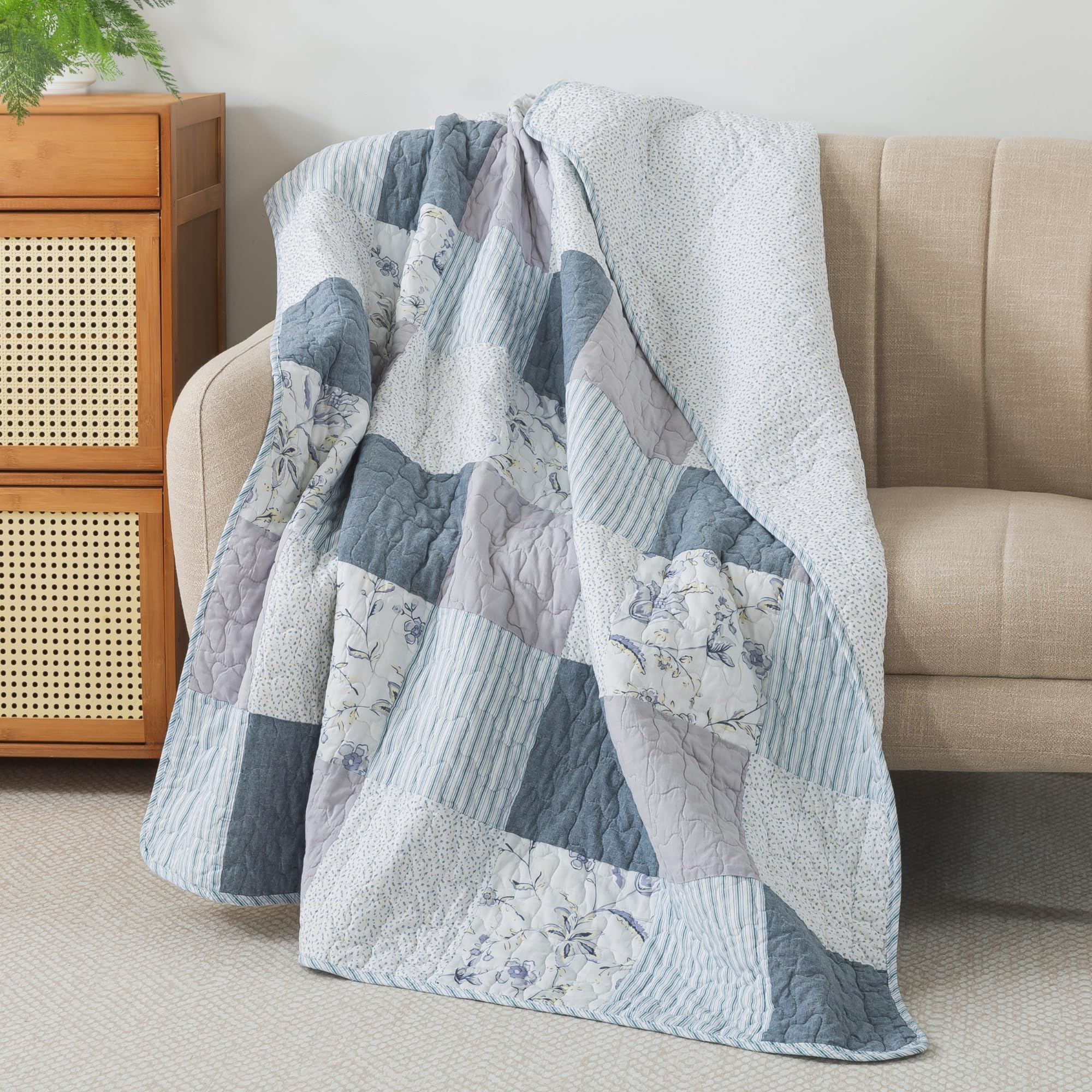 Cotton Quilted Throw Blanket, 50" x 60" Floral Farmhouse Patchwork Quilt, Shabby Chic Patchwork Throw Lap Quilt for Couch, Coastal Dream