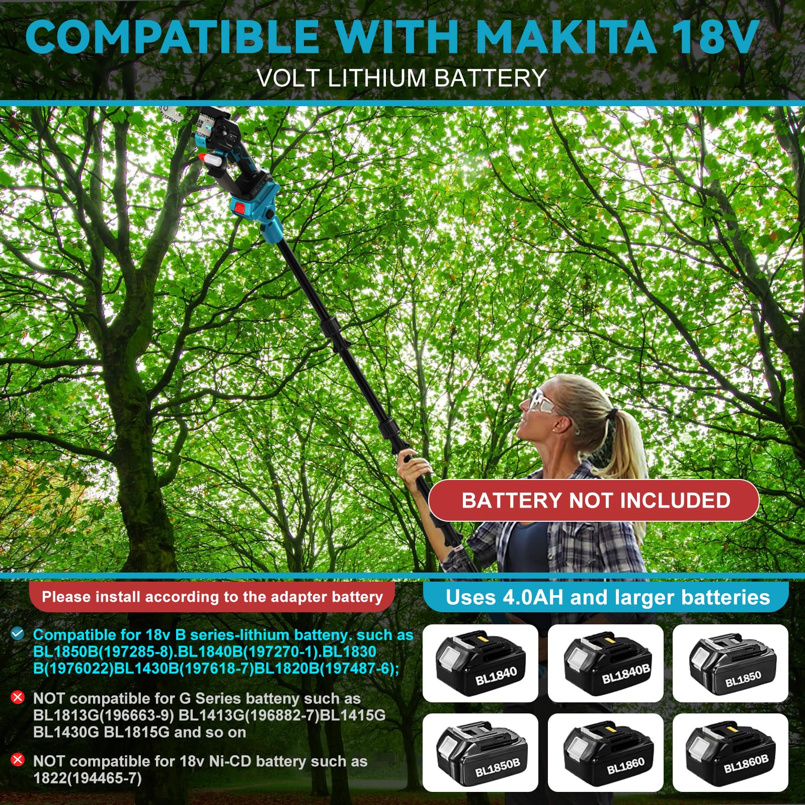 Akku Hochentaster für Makita 18V Batterie (Ohne Akku), 6 Zoll Profi-Astsäge Ast Kettensäge mit Verlängerungsstange, Arbeitshöhe bis 4,5m(Stangenlänge 2,5m), Ideal für Garten und Astschnitt