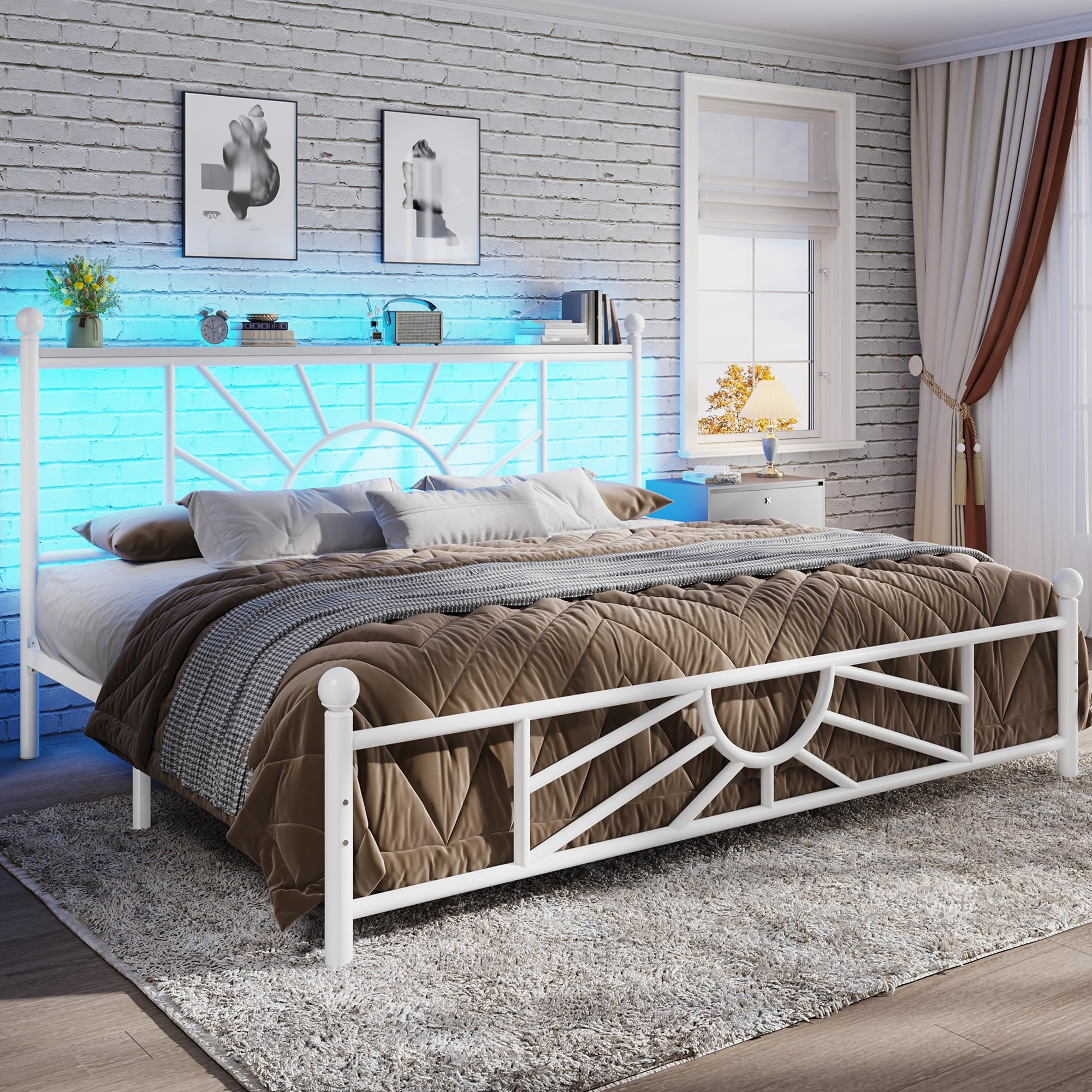 Homkdom King Size Metal Platform Bed Frame with LED Lights