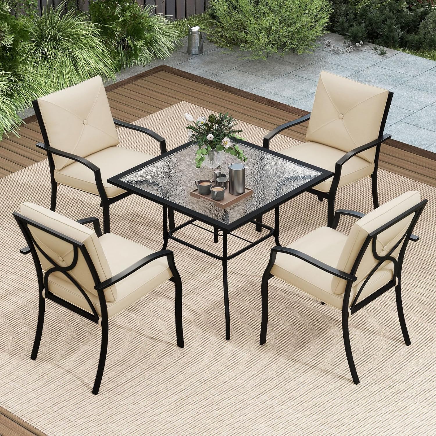 Tangkula Metal Outdoor Dining Chair Set of 4, Stackable Heavy Duty Patio Armchairs with Thick Padded Seat & Back Cushions, for Yard Garden Porch Bistro Balcony Lawn