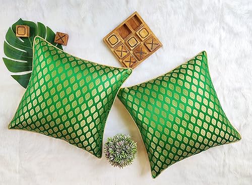 Miniatura 3 de Craftbot - Juego de 2 fundas de almohada decorativas de brocado de seda sintética, 16 x 16 pulgadas, color verde esmeralda, funda de cojín india,