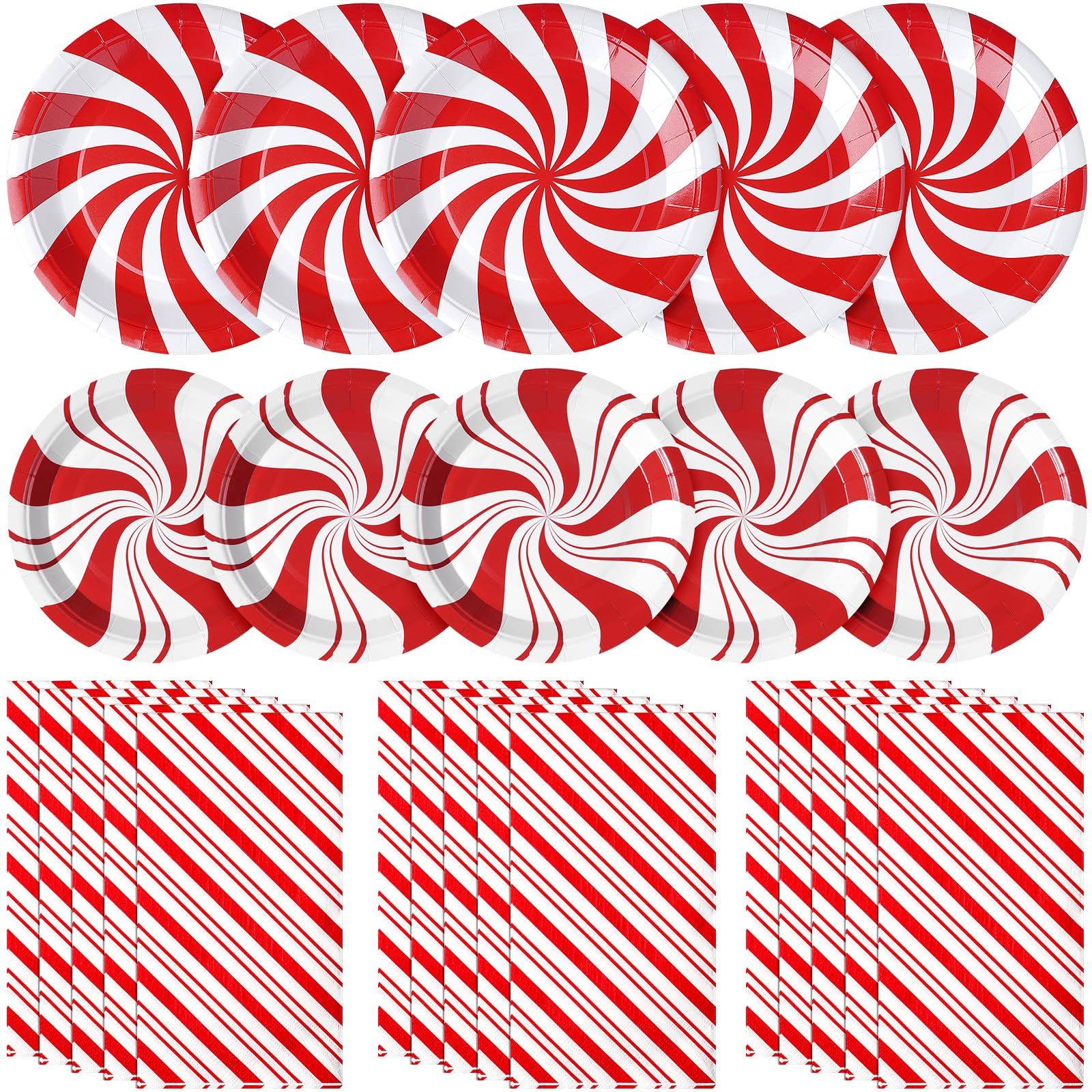 Lot de 150 assiettes de fête de Noël jetables en forme de canne à sucre d'orge - Assiettes et serviettes en papier rouge et blanc - Pour Noël, Nouvel An, fêtes de fin d'année, pour 50 personnes