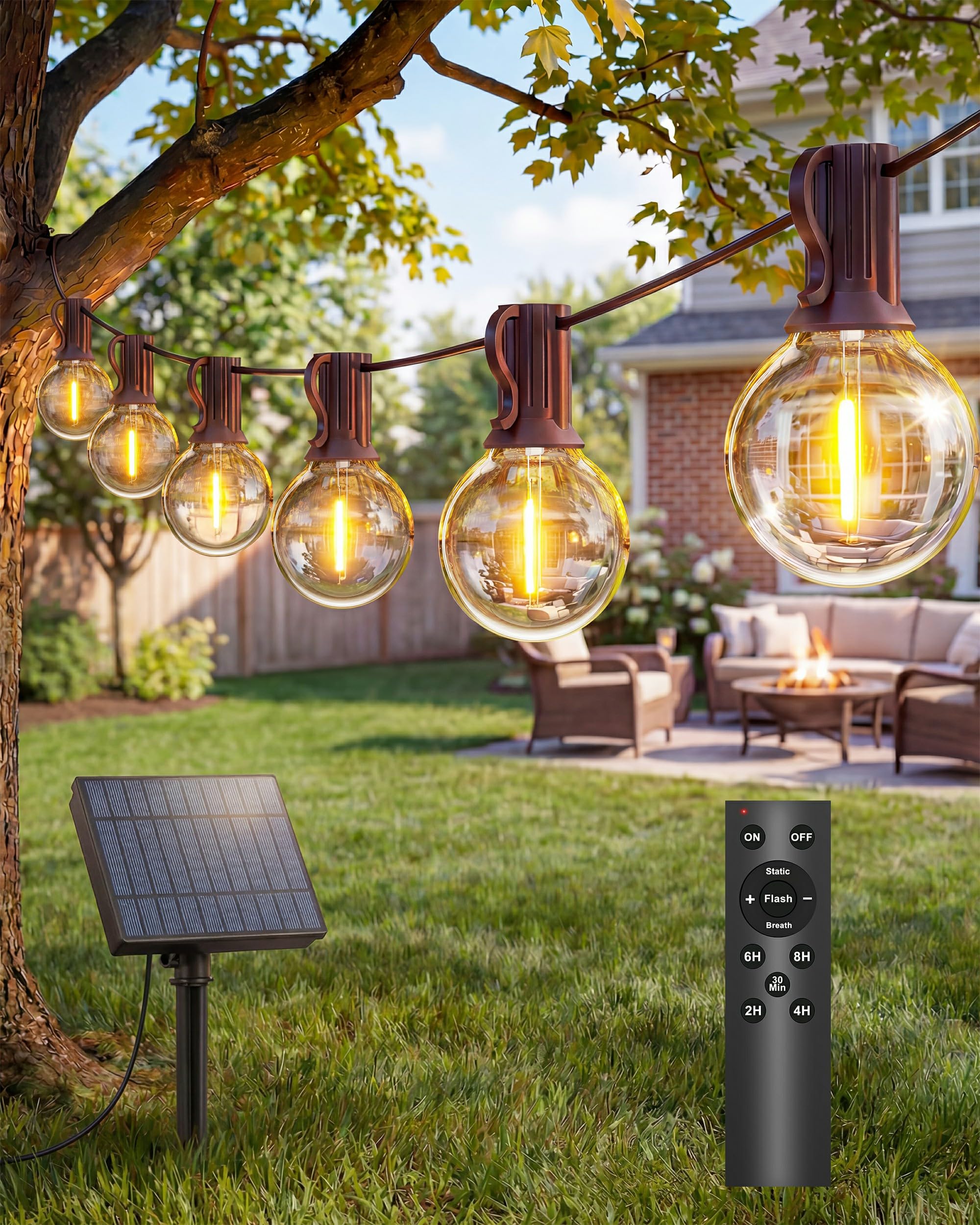 Solar Lichterkette Außen, 36M (50 +2) G40 LED Solarlichterkette | IP65 Wetterfest,Bruchsicher, mit Fernbedienung,Dimmbar,Timer,3 Modi,2700K G40 Glühbirne für Garten, Balkon, Terrasse