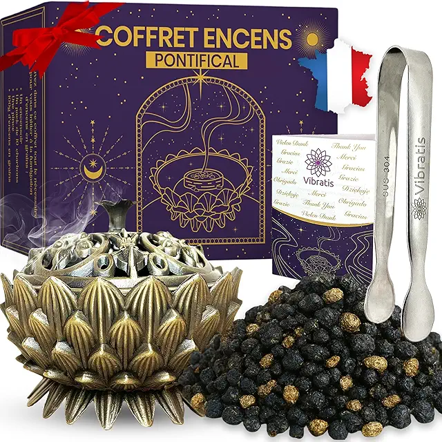 Coffret Encens Pontifical VIBRATIS - 100g Grains, Encensoir et Pince Inox - Purification