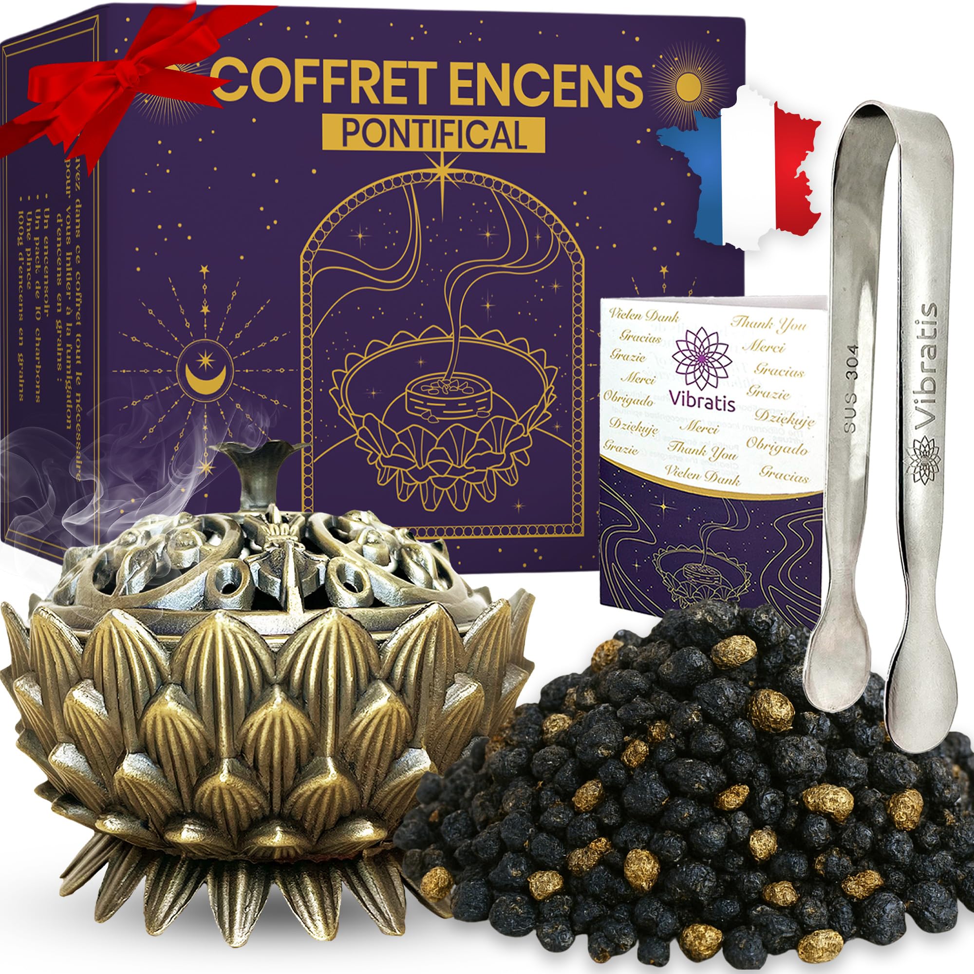 Coffret Encens Pontifical en Grains 100g avec Encensoir et Pince en Acier Inoxydable
