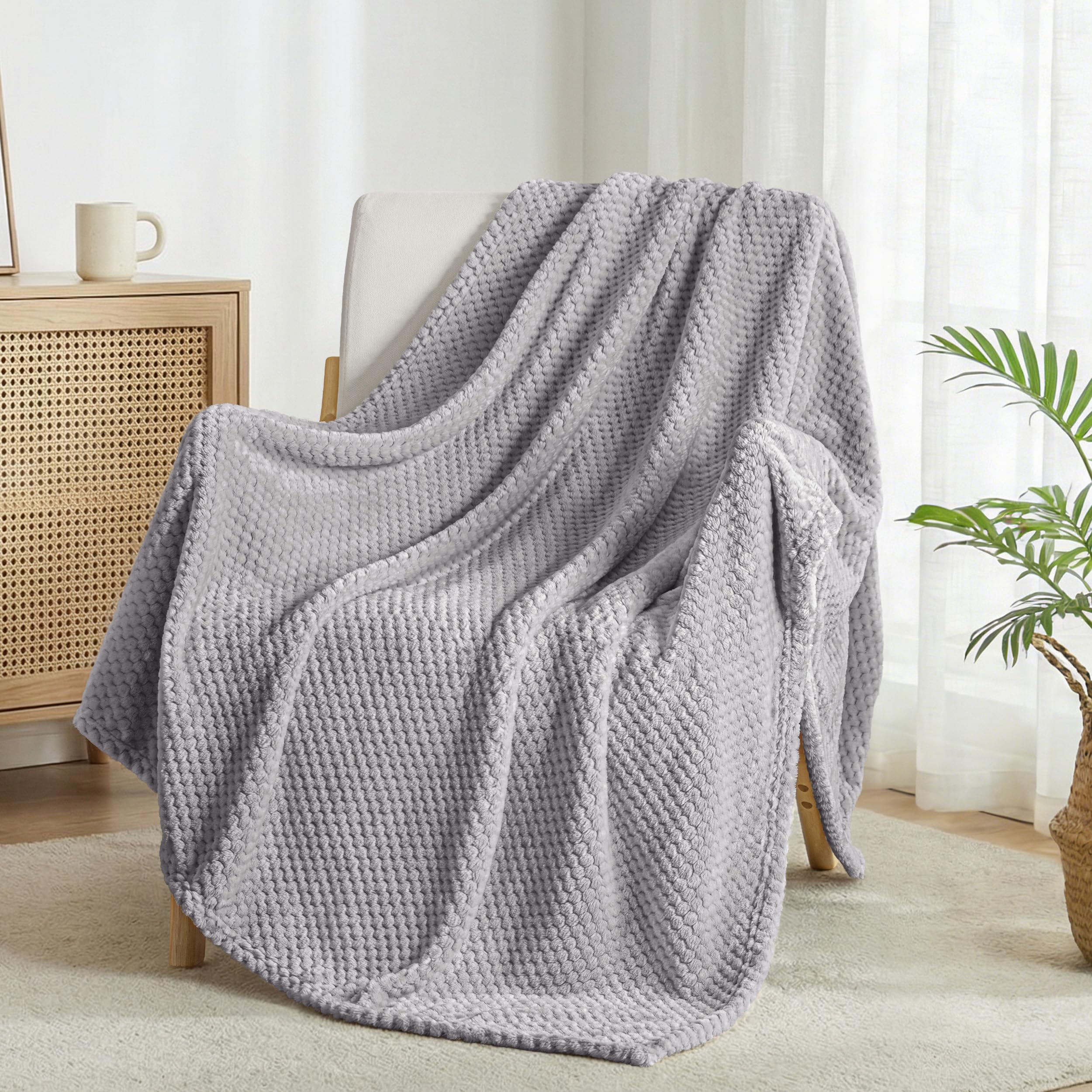 Exclusivo Mezcla Fleece Throw Blanket Extra Large, Super Soft and Warm Blankets for Couch, Sofa and Bed Waffle Textured, Cozy, Fuzzy and Lightweight (Light Grey, 50x70 Inches)