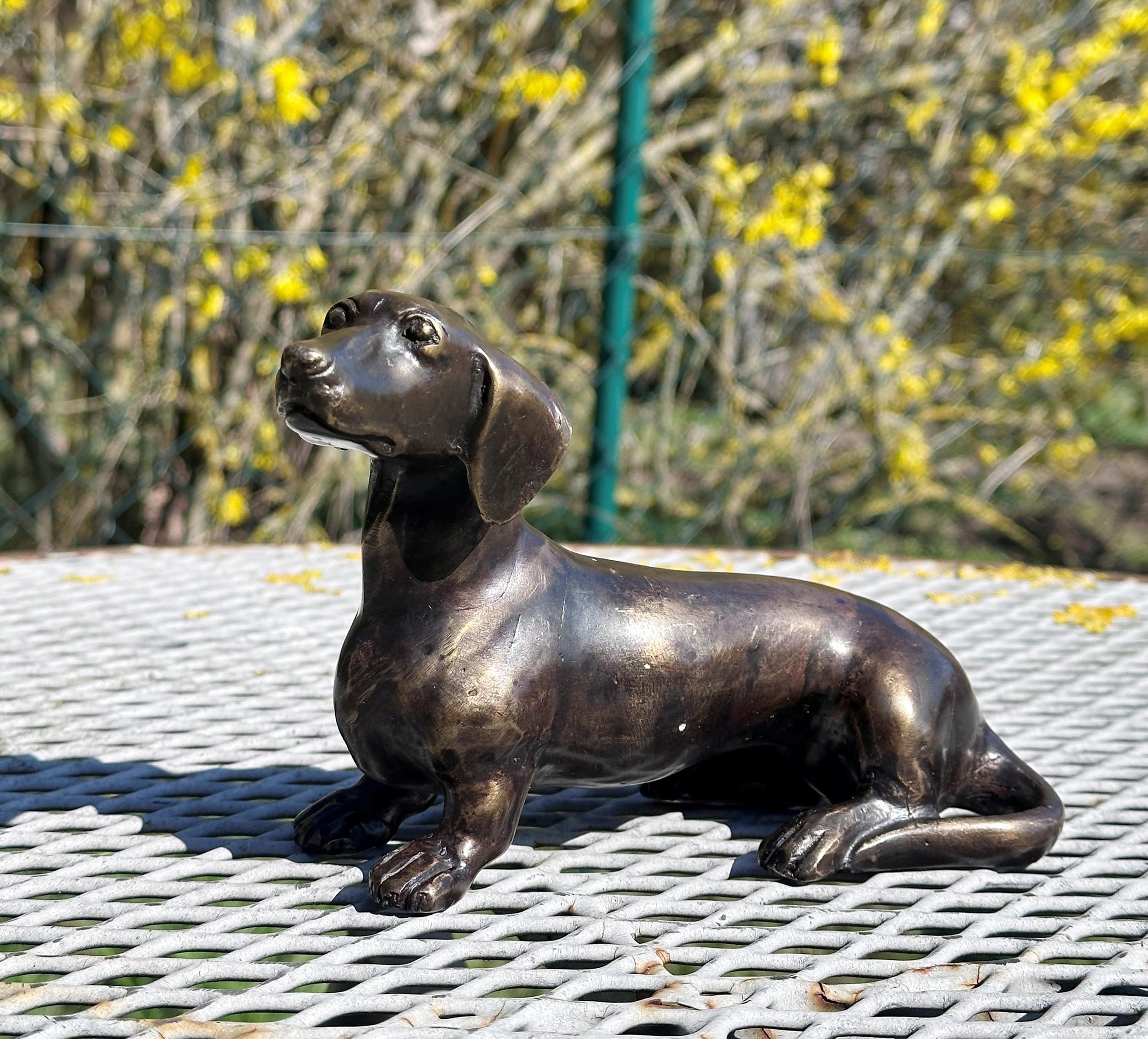 STEINFIGURENWELT GIEBEN Bronzefigur Dackel 12x20cm Dekoration aus Bronze Skulptur Tier Figur Deko Geschenk Bronzestatue Kurzhaardackel Wetterfest