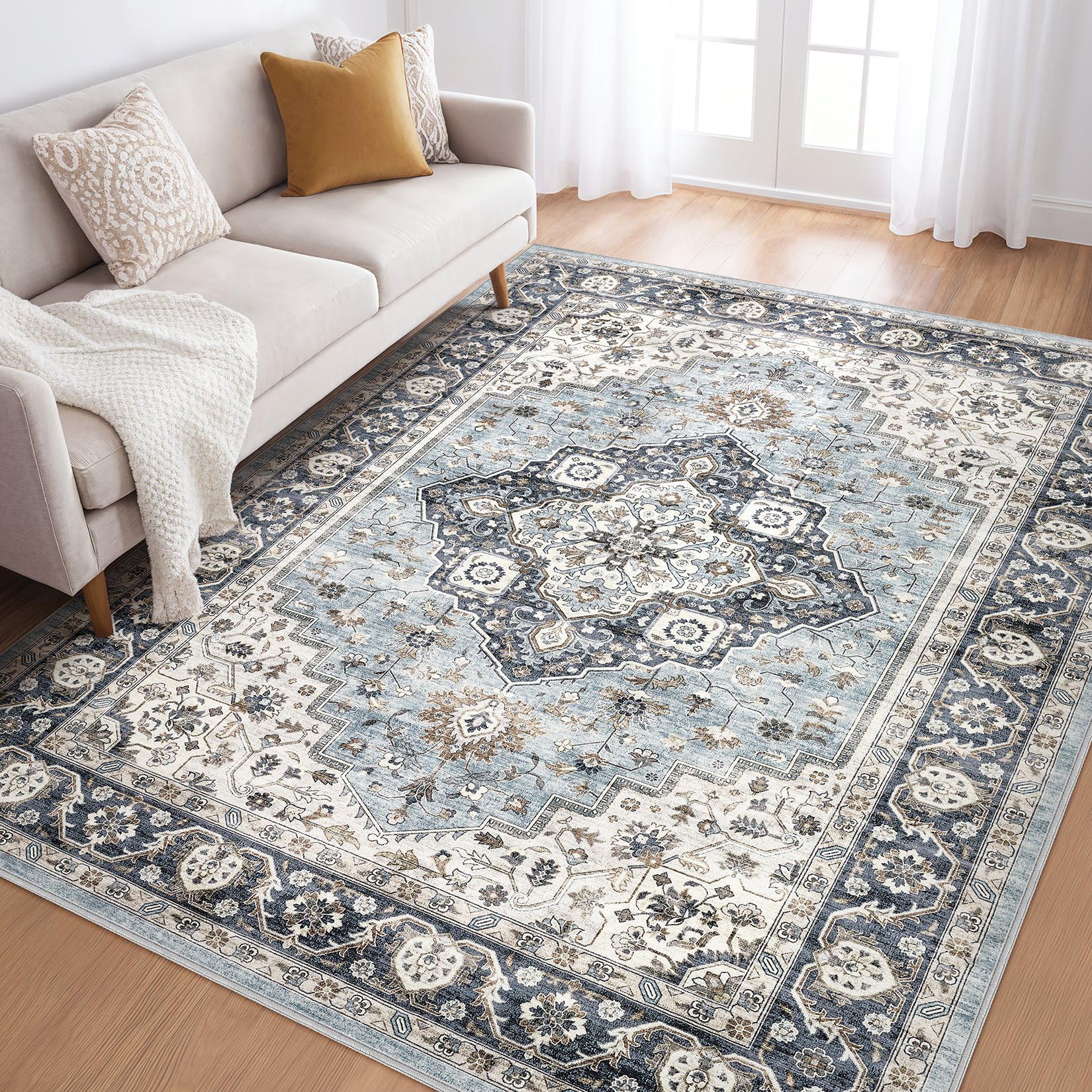 LOONGRUG 5x8 Area Rug Washable Vintage Boho Living Room Rug Blue Tan