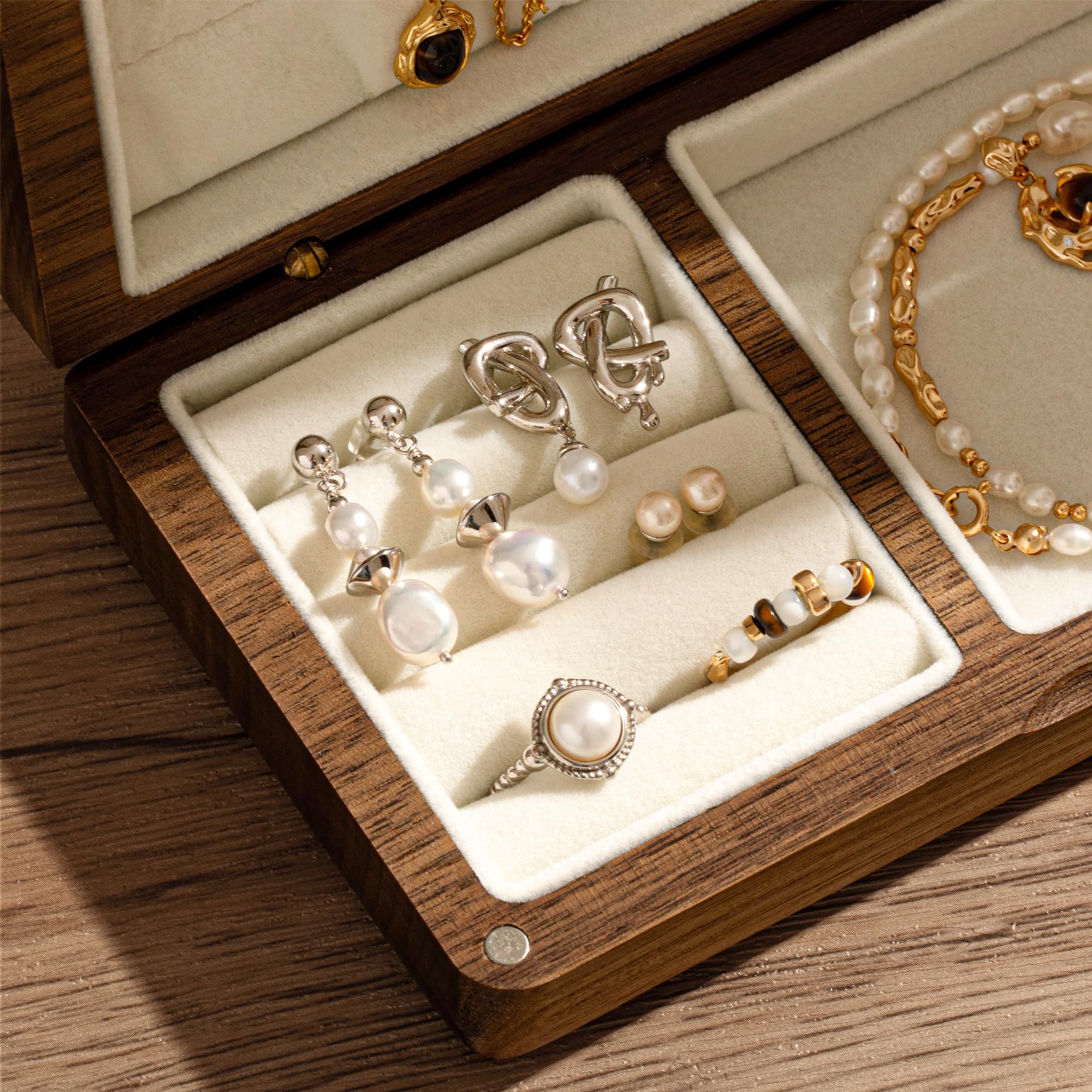 Joyero de madera para mujer caja organizadora de madera maciza collares, anillos, caja de almacenamiento Caja de Joyas,organizador para anillos collares pendientes, regalo original para mujer,