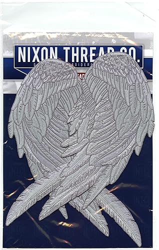 Vista 6 de Parches plateados de alas de ángel de 14 pulgadas "Santos y pecadores" de ángeles de la guarda realistas bordados y plumas Parche trasero