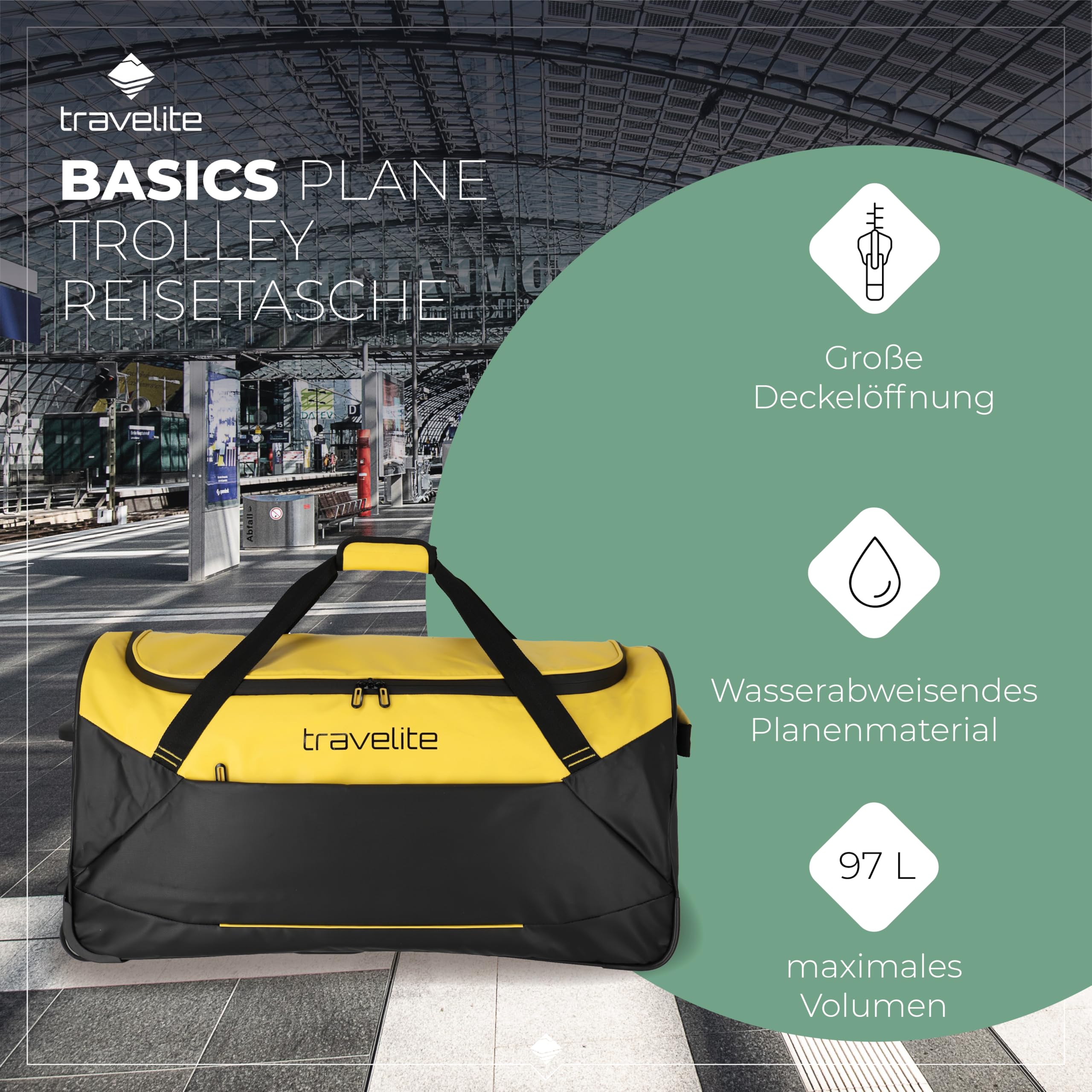 Travelite Trolley Reisetasche mit Rollen aus wasserabweisendem Material, Basics Weichgepäck Rolltasche mit großem Hauptfach, 71 cm, 97 Liter