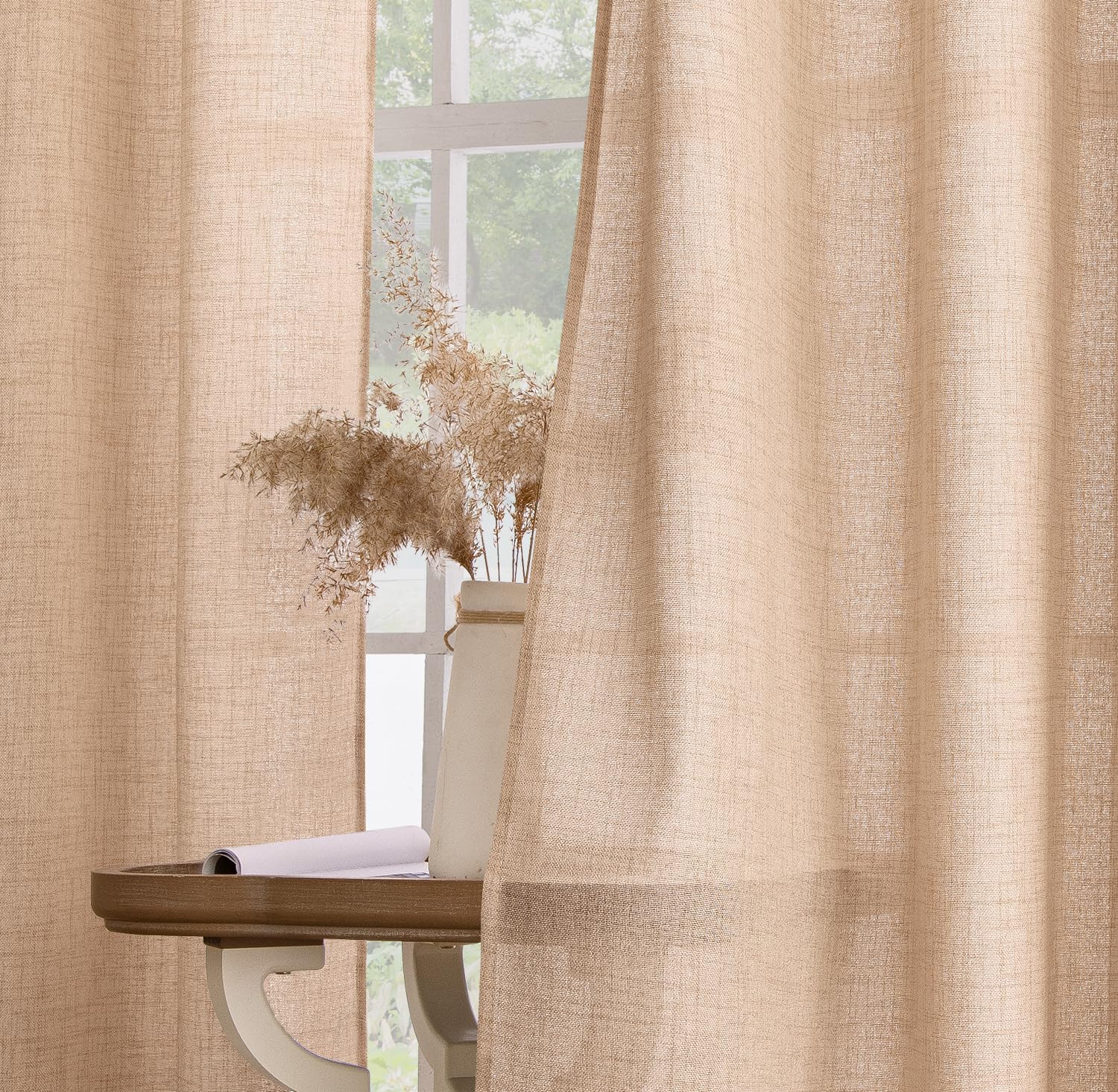 Tende In Misto Lino Naturale 238 Cm – 2 Pannelli, Semi Trasparenti, Occhielli, Stile Boho, Crema Per Soggiorno - 2