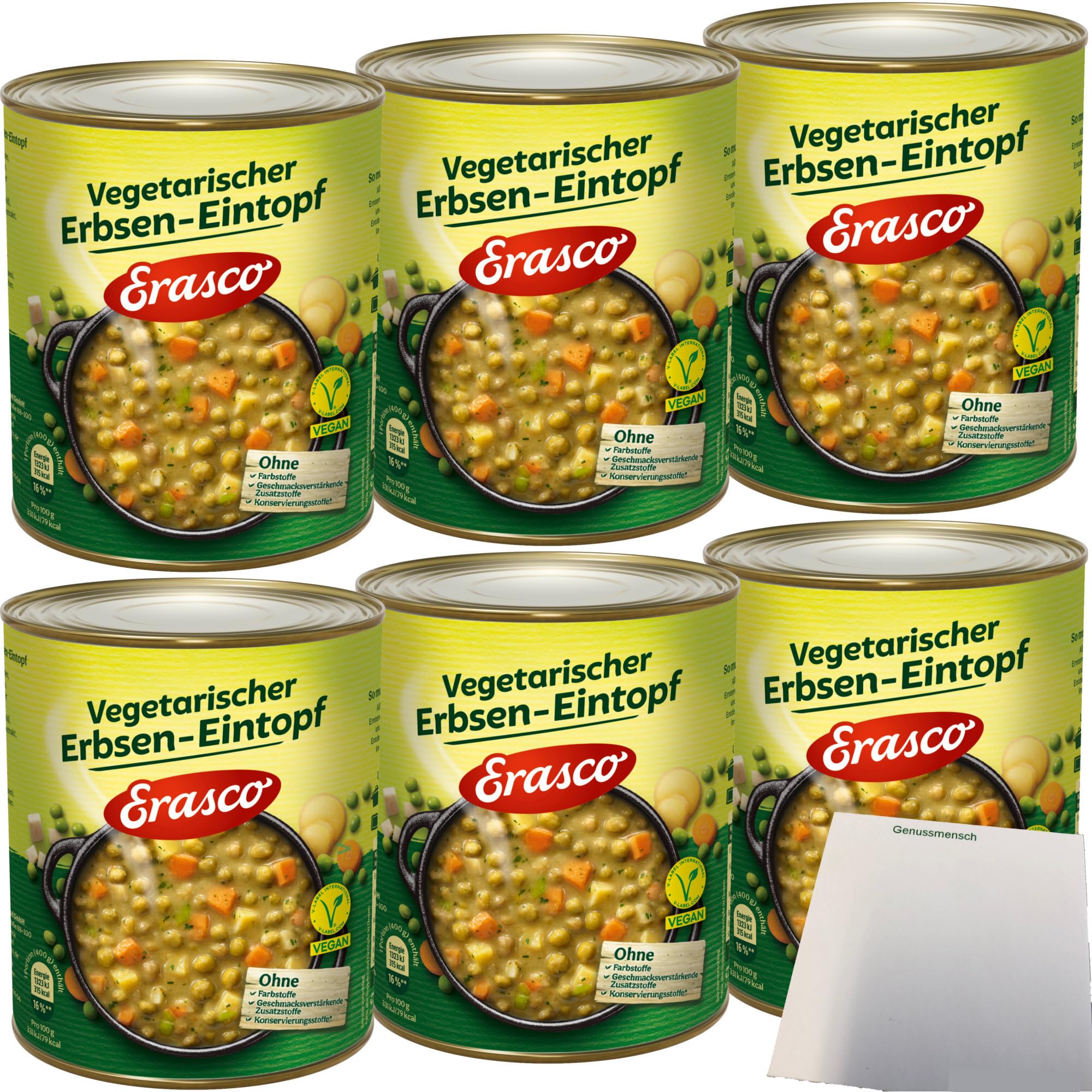 Erasco vegetarischer Erbsen-Eintopf 6er Pack (6x800g Dose) + usy Block