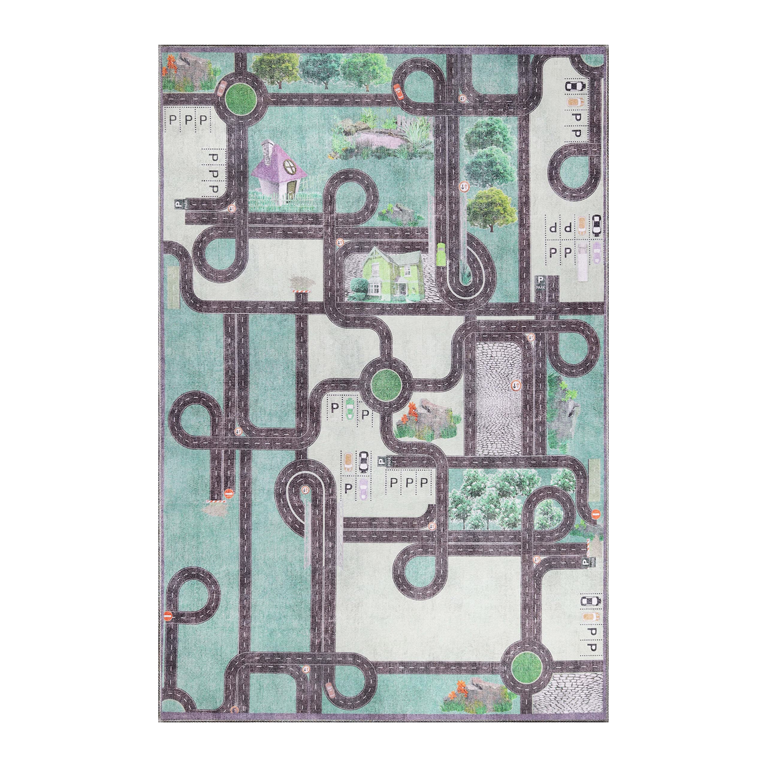 SUPERIOR Indoor Large Area Rug, Patterned Kids Rugs, Soft, Unique, Cotton Backed Home Floor Decor, Bedroom, Nursery, Classroom, Colorful, Cute, Bright Road Collection, 5' x 5', Pine Green