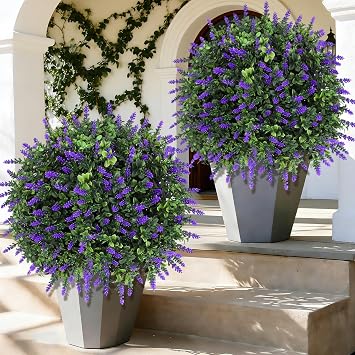 23 Inch Tall Artificial Plants Outdoor, Set of 2 with Ground Spikes for Easy Installation, UV Resistant & Fade-Proof Fake Plants for Outdoor Yard, Garden, Front Porch, Indoor Planters Decor