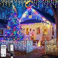 Vista 19 de JMEXSUSS 400 luces LED de Navidad de carámbano de 38.8 pies con control remoto, tira de luces multicolor para exteriores enchufables, 8 modos