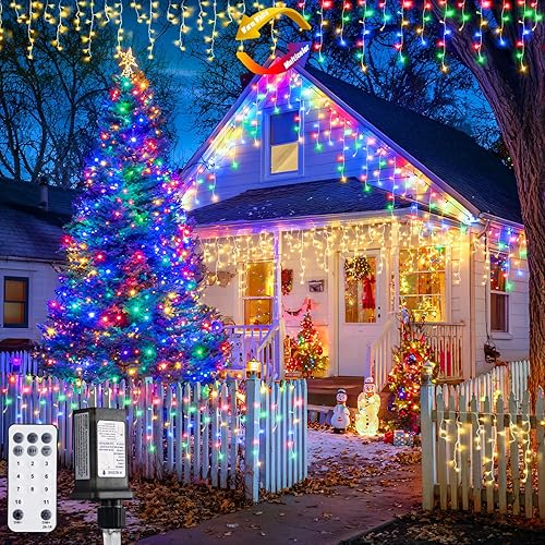 Miniatura 18 de JMEXSUSS 400 luces LED de Navidad de carámbano de 38.8 pies con control remoto, tira de luces multicolor para exteriores enchufables, 8 modos para