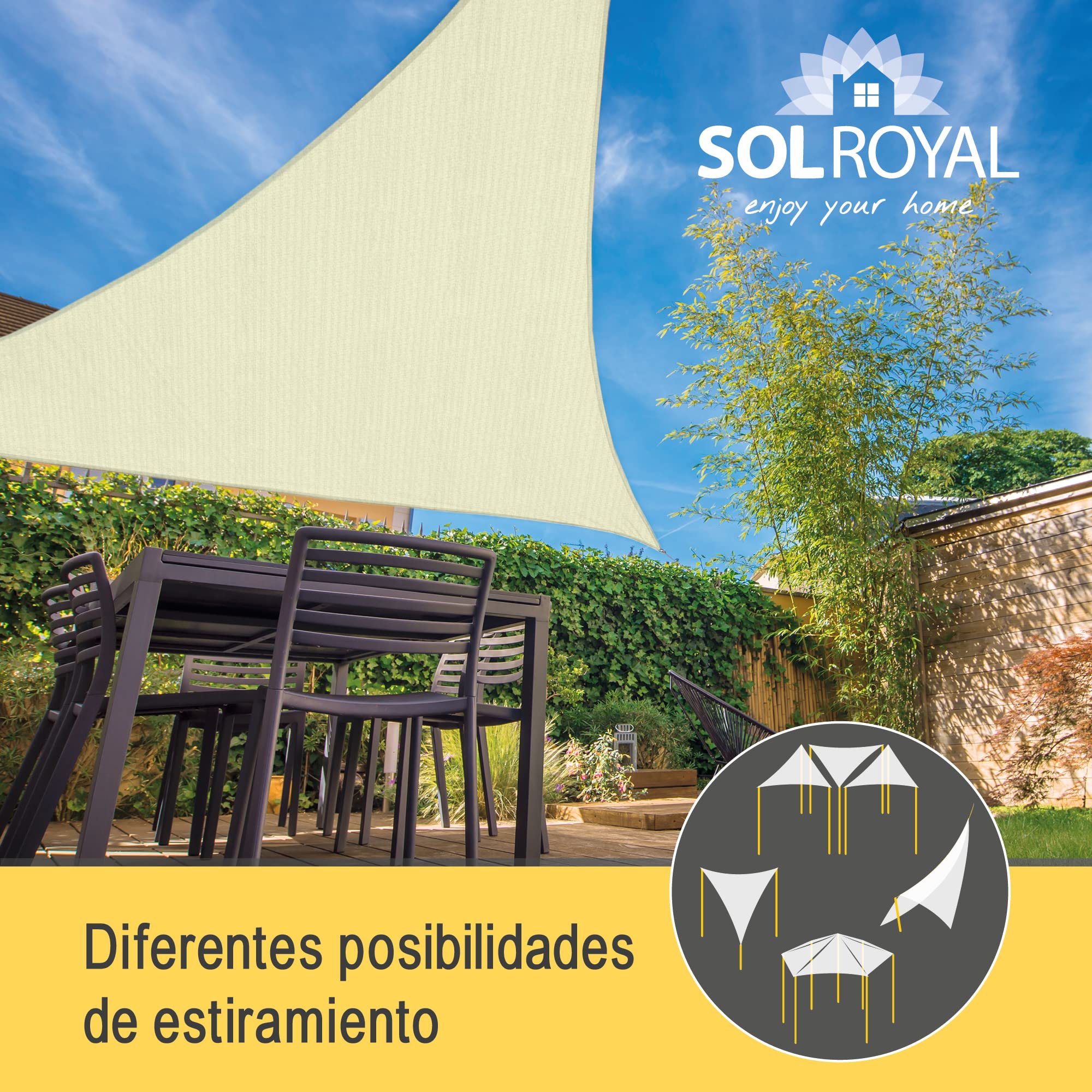 Sol Royal Toldo Vela Rectangular HDPE Transpirable con protección UV Solar | 7x7x7m 700x700x700cm crema parasol para balcón piscina jardín terraza exterior permeable agua triangular Shade Sails HS9